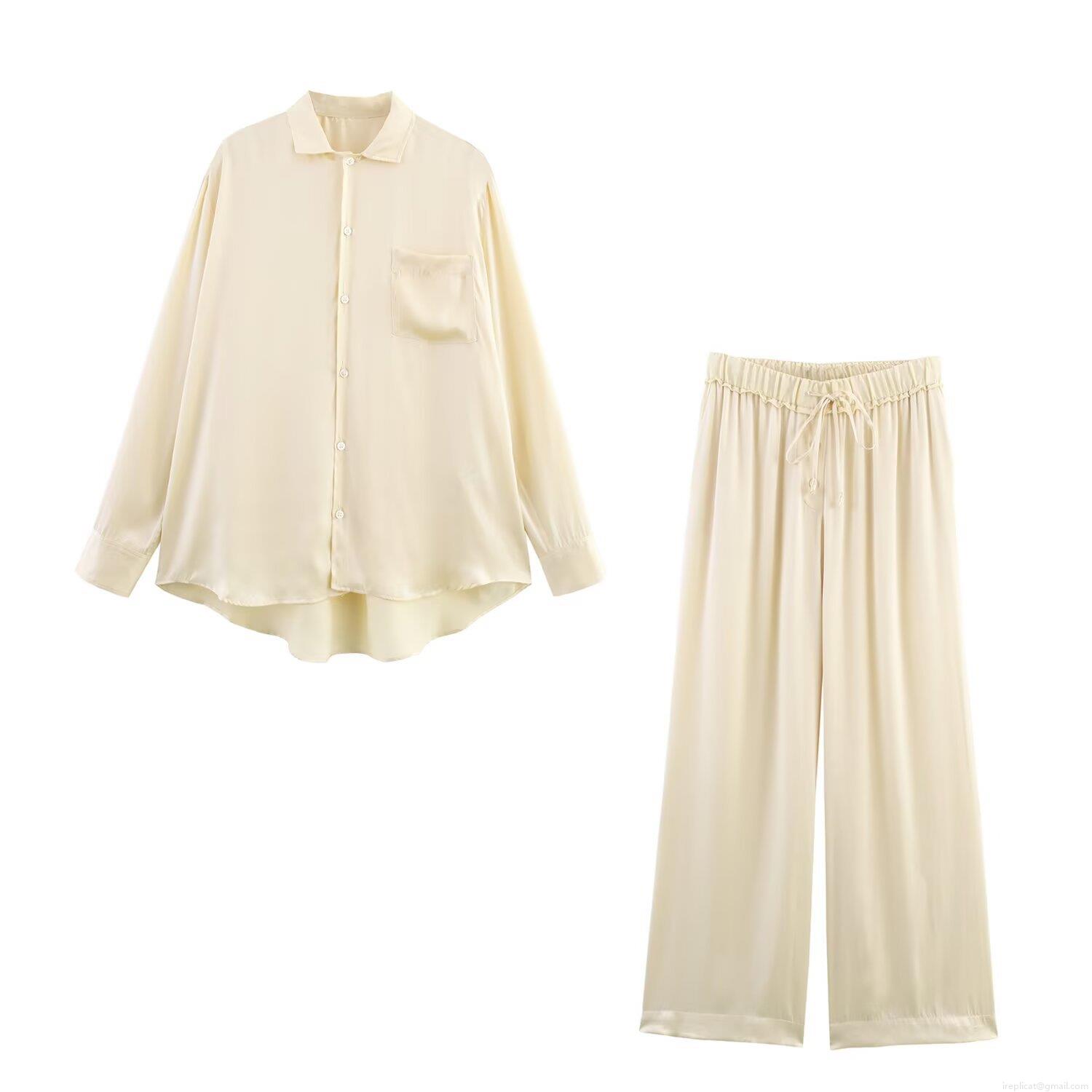 Women's 2 Piece Satin Outfits Long Sleeve Button Down Shirt and High Waist Wide Leg Pants Set Casual Lounge Streetwear Solid Color Two Piece Pajama Sets Women's 2 Piece Satin Outfits Long Sleeve Button Down Shirt and High Waist Wide Leg Pants Set Casual Lounge Streetwear Solid Color Two Piece Pajama Sets
