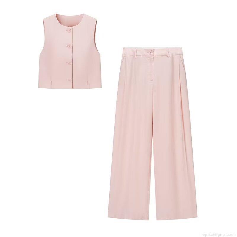 Women's 2 Piece Summer Casual Suit Set Pink Sleeveless Round Neck Button Vest Top and High Waist Pleated Wide Leg Pants Polyester Streetwear Outfit for Office Vacation Women Women's 2 Piece Summer Casual Suit Set Pink Sleeveless Round Neck Button Vest Top and High Waist Pleated Wide Leg Pants Polyester Streetwear Outfit for Office Vacation Women