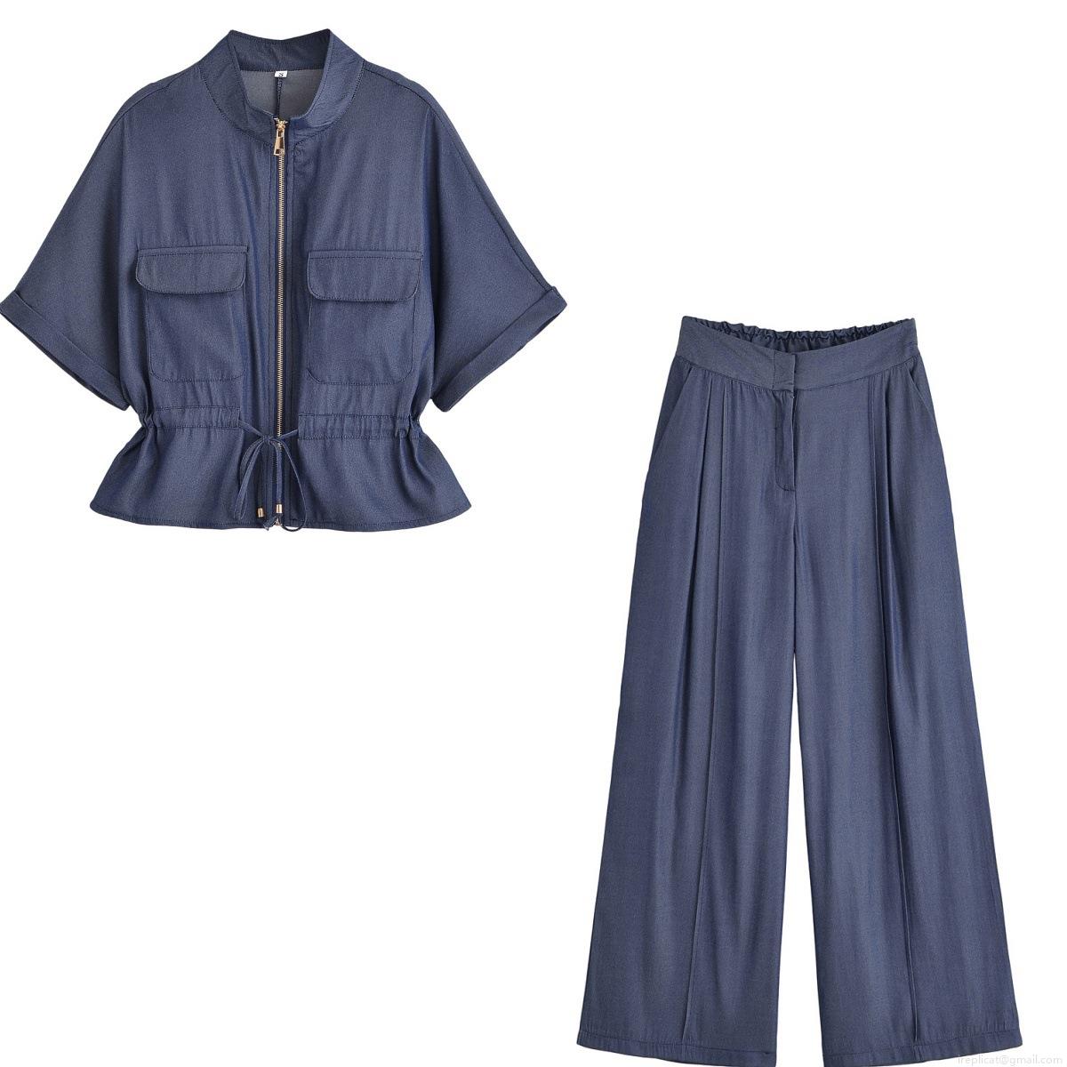 Women's Summer Polyester Two Piece Set Solid Color Zipper Short Sleeve Shirt and Drawstring Wide Leg Pants Streetwear Tracksuit Outfits Women's Summer Polyester Two Piece Set Solid Color Zipper Short Sleeve Shirt and Drawstring Wide Leg Pants Streetwear Tracksuit Outfits