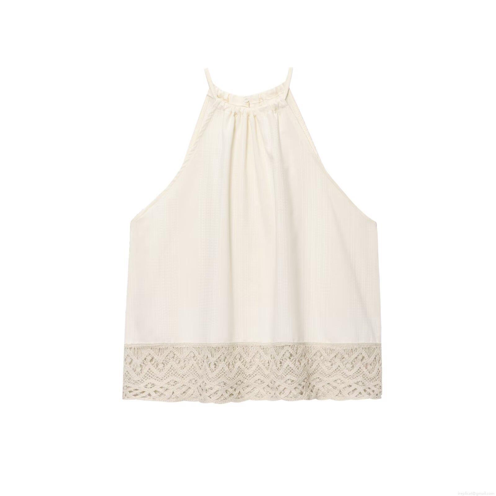 Summer Women\'s Halter Neck Lace Hem Top And High Waist Pleated Wide Leg Pants Two Piece Set Off White Khaki European Casual Streetwear Outfit