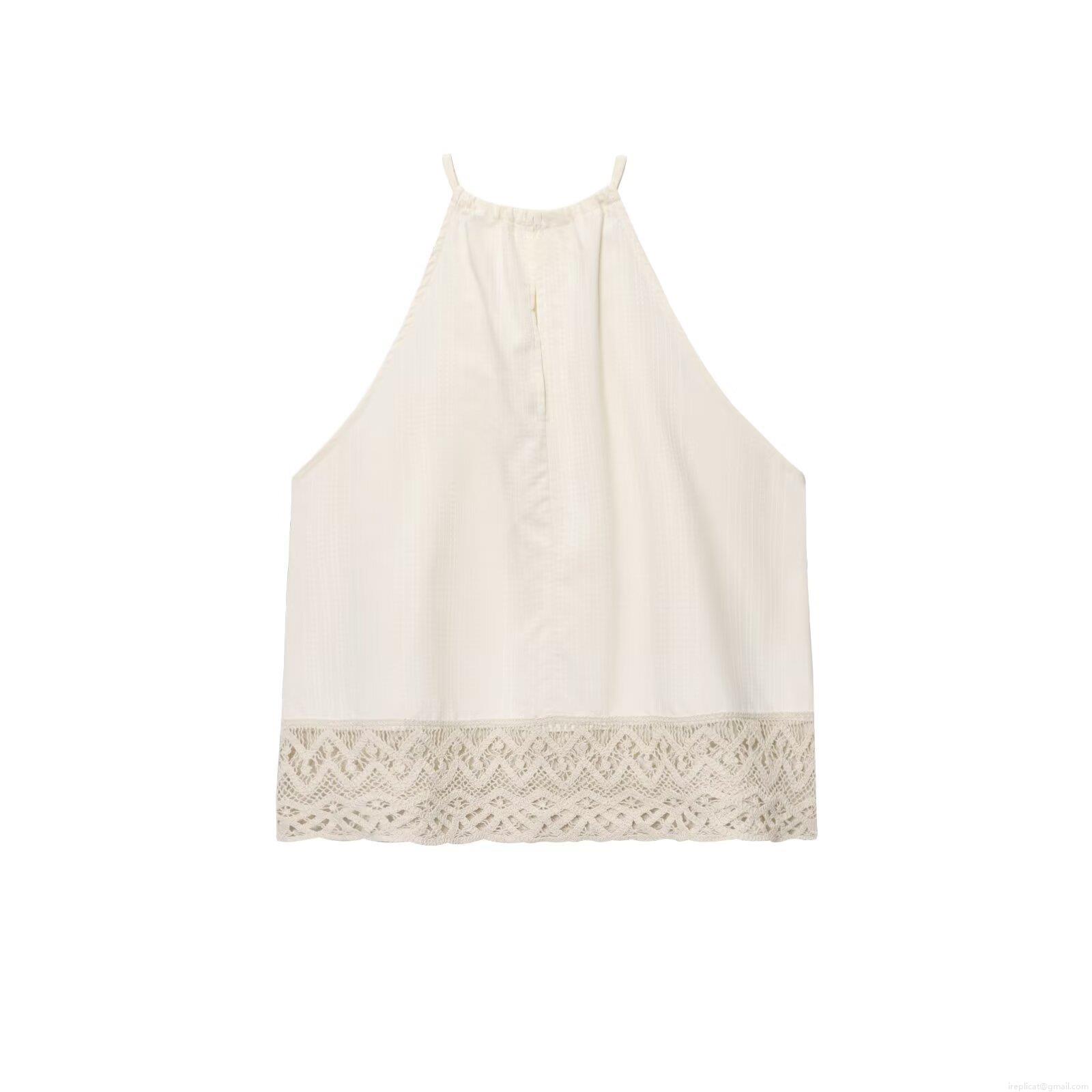 Summer Women\'s Halter Neck Lace Hem Top And High Waist Pleated Wide Leg Pants Two Piece Set Off White Khaki European Casual Streetwear Outfit