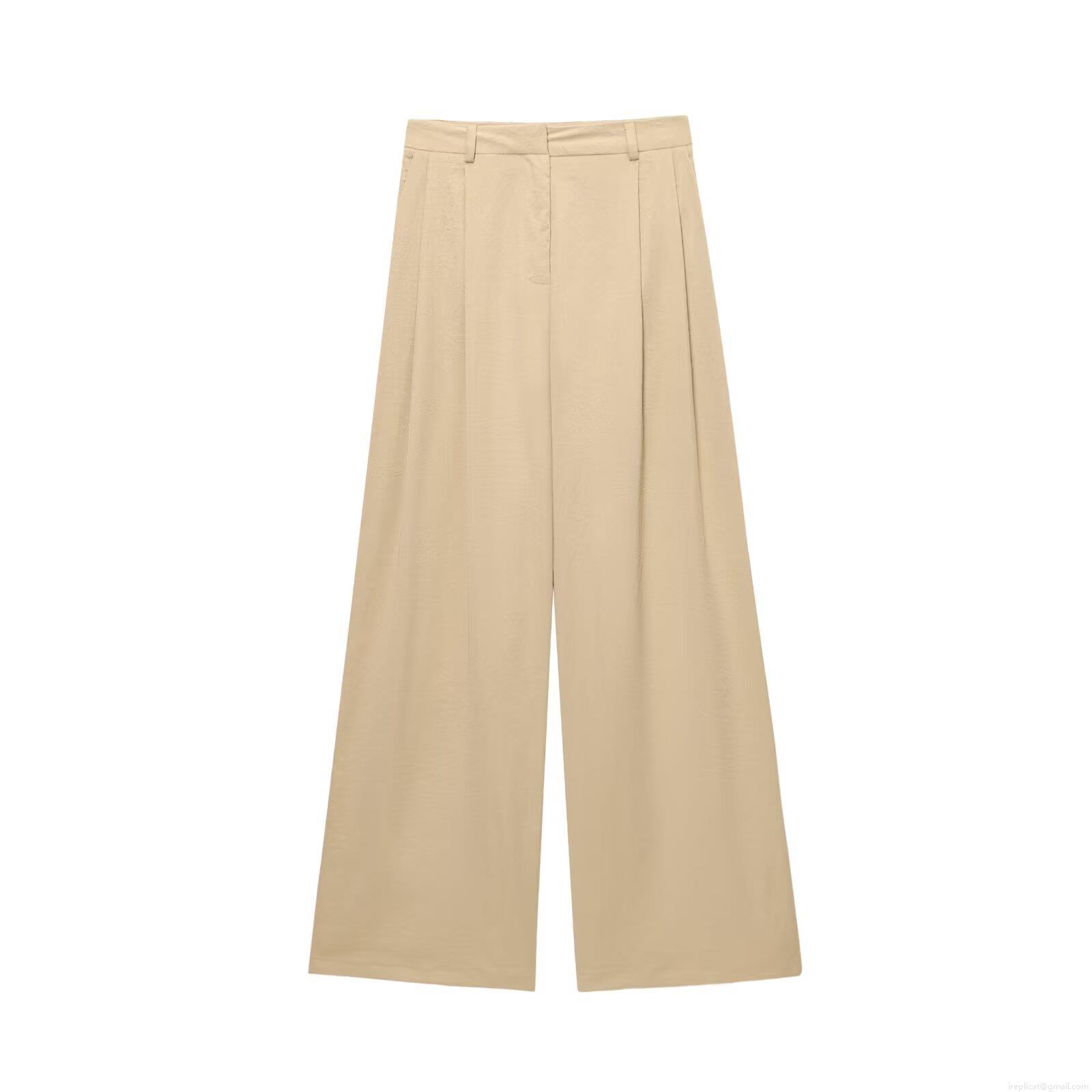 Summer Women\'s Halter Neck Lace Hem Top And High Waist Pleated Wide Leg Pants Two Piece Set Off White Khaki European Casual Streetwear Outfit