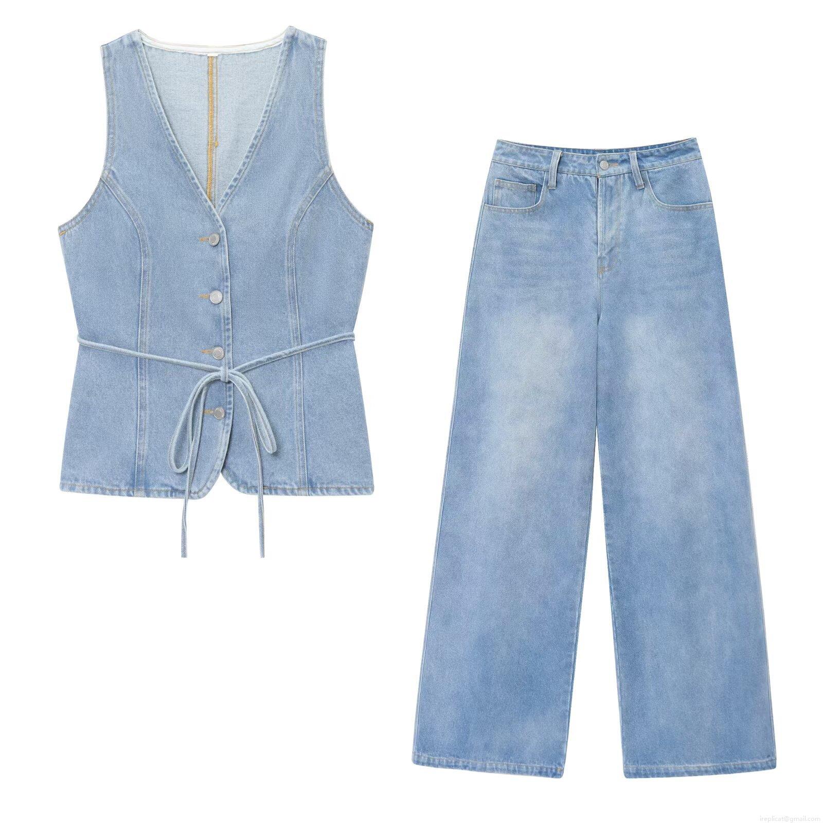 Women Denim Two Piece Set V Neck Sleeveless Button Vest With Belt And High Waist Wide Leg Long Pants Light Blue Streetwear Casual Outfit Women Denim Two Piece Set V Neck Sleeveless Button Vest With Belt And High Waist Wide Leg Long Pants Light Blue Streetwear Casual Outfit