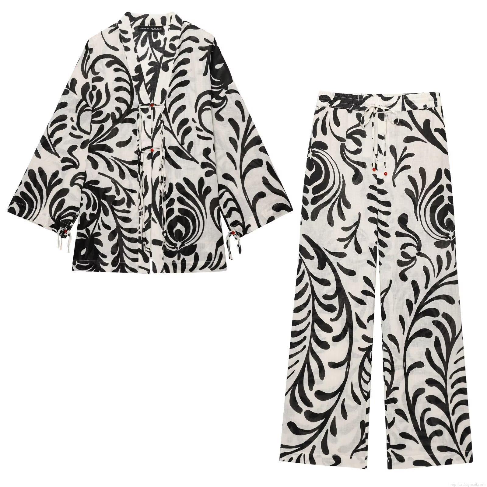 Women's Summer Vintage Botanical Print 2-Piece Outfits Kimono Style Wrap Top and Wide Leg Pants Set Polyester Cotton Beach Vacation Streetwear Women's Summer Vintage Botanical Print 2-Piece Outfits Kimono Style Wrap Top and Wide Leg Pants Set Polyester Cotton Beach Vacation Streetwear