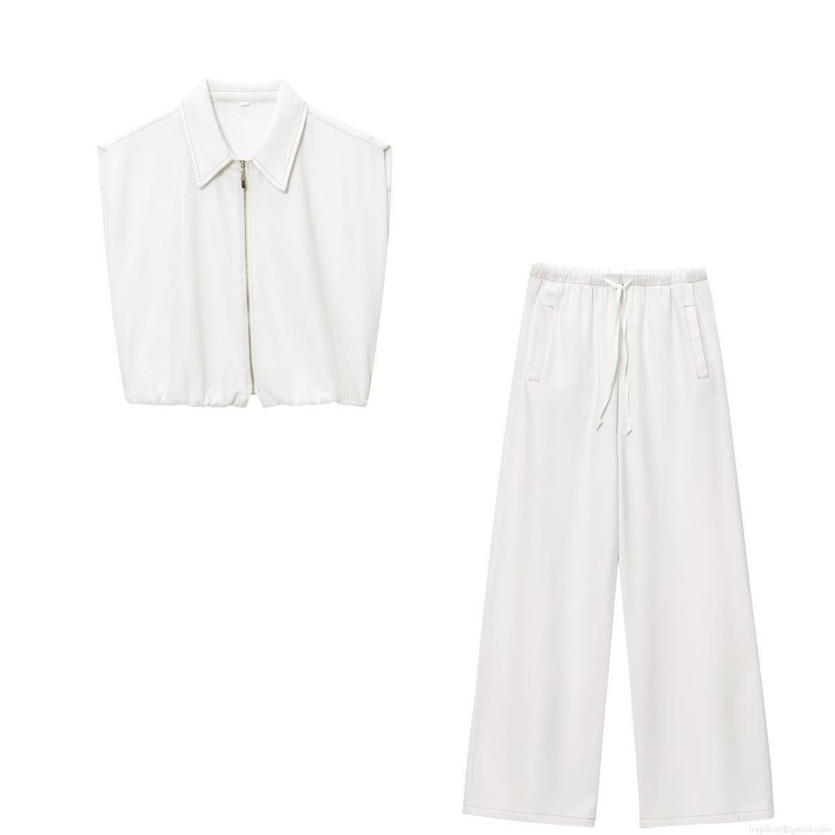 Women's Casual White Two-Piece Outfits Set Sleeveless Zipper Lapel Vest And Wide Leg Drawstring Pants High Street Streetwear Outfits For Summer Women's Casual White Two-Piece Outfits Set Sleeveless Zipper Lapel Vest And Wide Leg Drawstring Pants High Street Streetwear Outfits For Summer