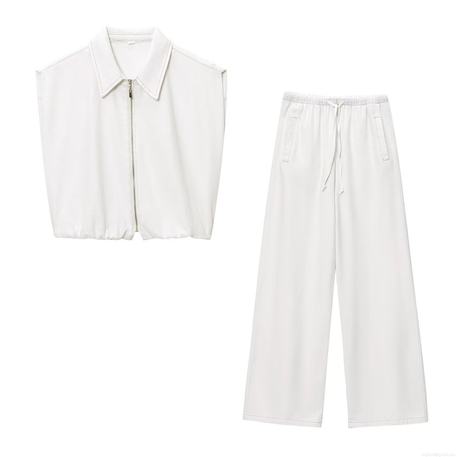 Women's Two Piece Set Sleeveless Zipper Lapel Vest Top and High Waist Wide Leg Drawstring Pants Solid White Streetwear Casual Summer Outfit Women's Two Piece Set Sleeveless Zipper Lapel Vest Top and High Waist Wide Leg Drawstring Pants Solid White Streetwear Casual Summer Outfit
