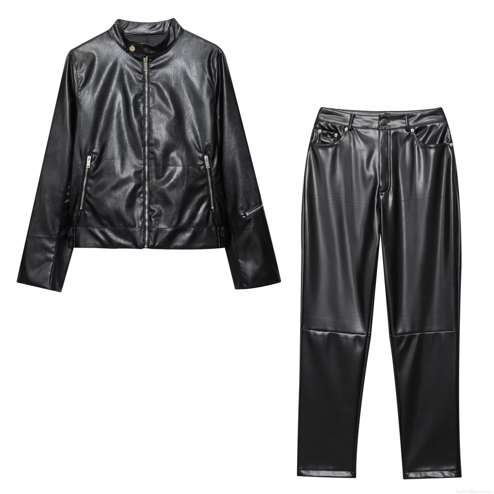Women's 2025 Autumn European Style PU Leather Two Piece Set Stand Collar Zipper Biker Jacket And Straight Long Pants Suit Black Streetwear Outfit For Women Women's 2025 Autumn European Style PU Leather Two Piece Set Stand Collar Zipper Biker Jacket And Straight Long Pants Suit Black Streetwear Outfit For Women