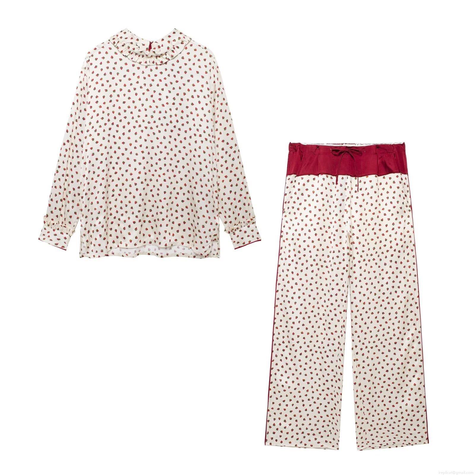 Women's Sweet Strawberry Print Long Sleeve Shirt Ruffle Stand Collar Top and Wide Leg Tie Waist Pants Two Piece Casual Loungewear Set Polyester Woven Outfit Women's Sweet Strawberry Print Long Sleeve Shirt Ruffle Stand Collar Top and Wide Leg Tie Waist Pants Two Piece Casual Loungewear Set Polyester Woven Outfit