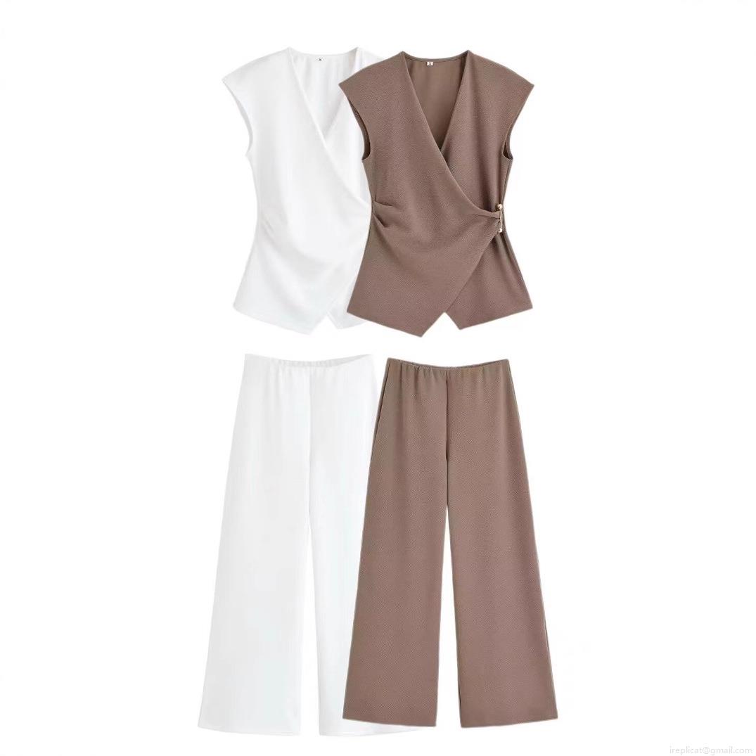 Women's 2 Piece Set Sleeveless V Neck Wrap Top And High Waisted Wide Leg Pants Suit Summer Solid Color Crepe Texture Casual Streetwear Outfits With Decorative Buckle Women's 2 Piece Set Sleeveless V Neck Wrap Top And High Waisted Wide Leg Pants Suit Summer Solid Color Crepe Texture Casual Streetwear Outfits With Decorative Buckle