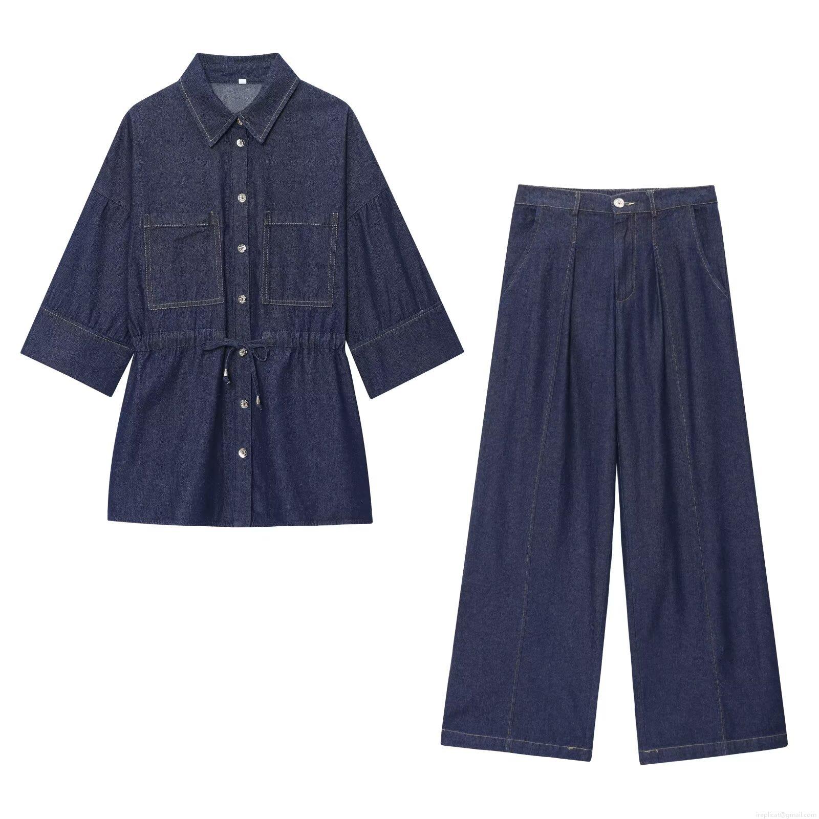 Women's Two Piece Denim Set Casual Lace Up Short Sleeve Top And High Waist Wide Leg Pants Streetwear Summer Outfit Dark Blue Jeans Co-ord