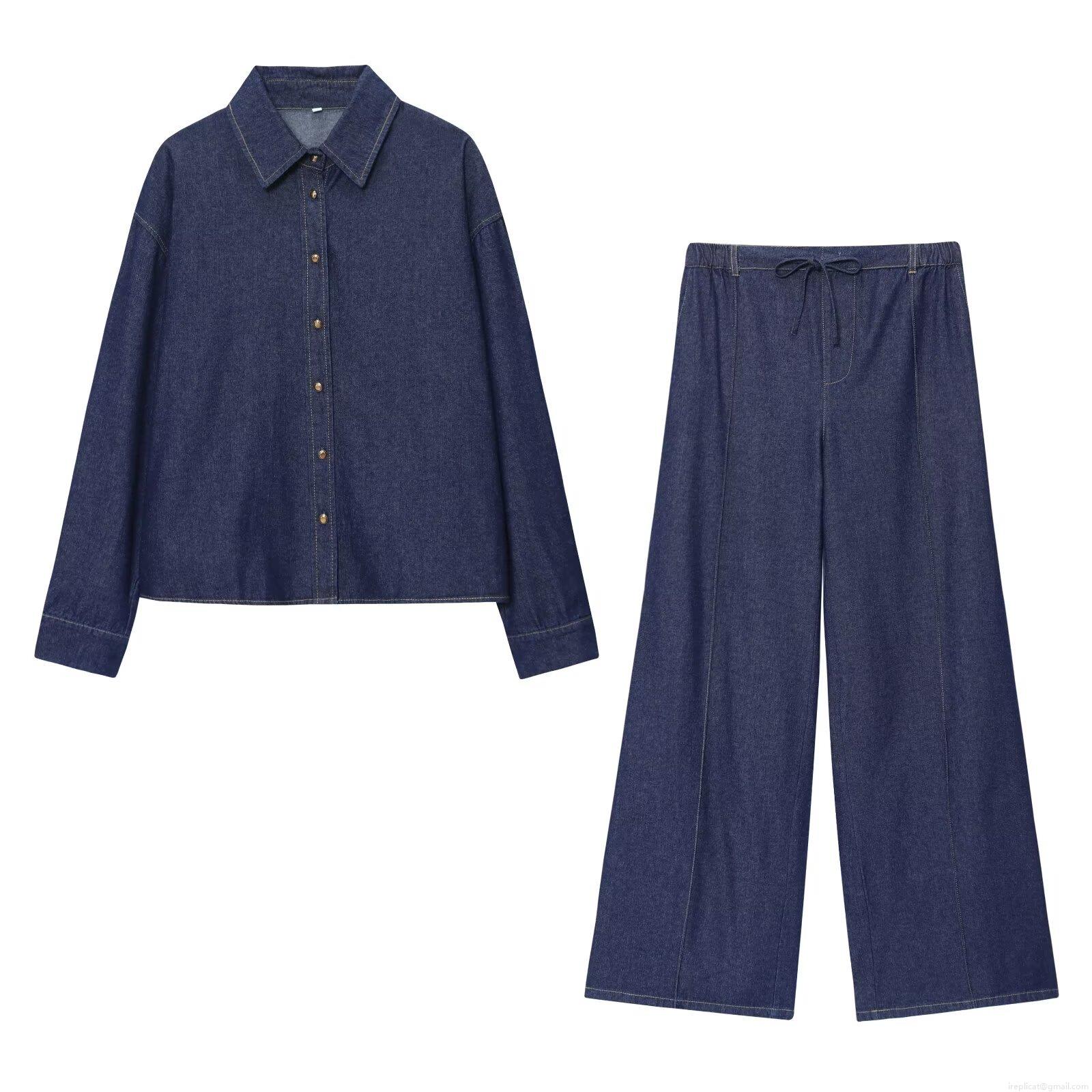 Women's Denim Two Piece Set Long Sleeve Button Up Shirt And High Waist Wide Leg Pants Navy Blue Casual Streetwear Cotton Blend Outfit For Women Women's Denim Two Piece Set Long Sleeve Button Up Shirt And High Waist Wide Leg Pants Navy Blue Casual Streetwear Cotton Blend Outfit For Women