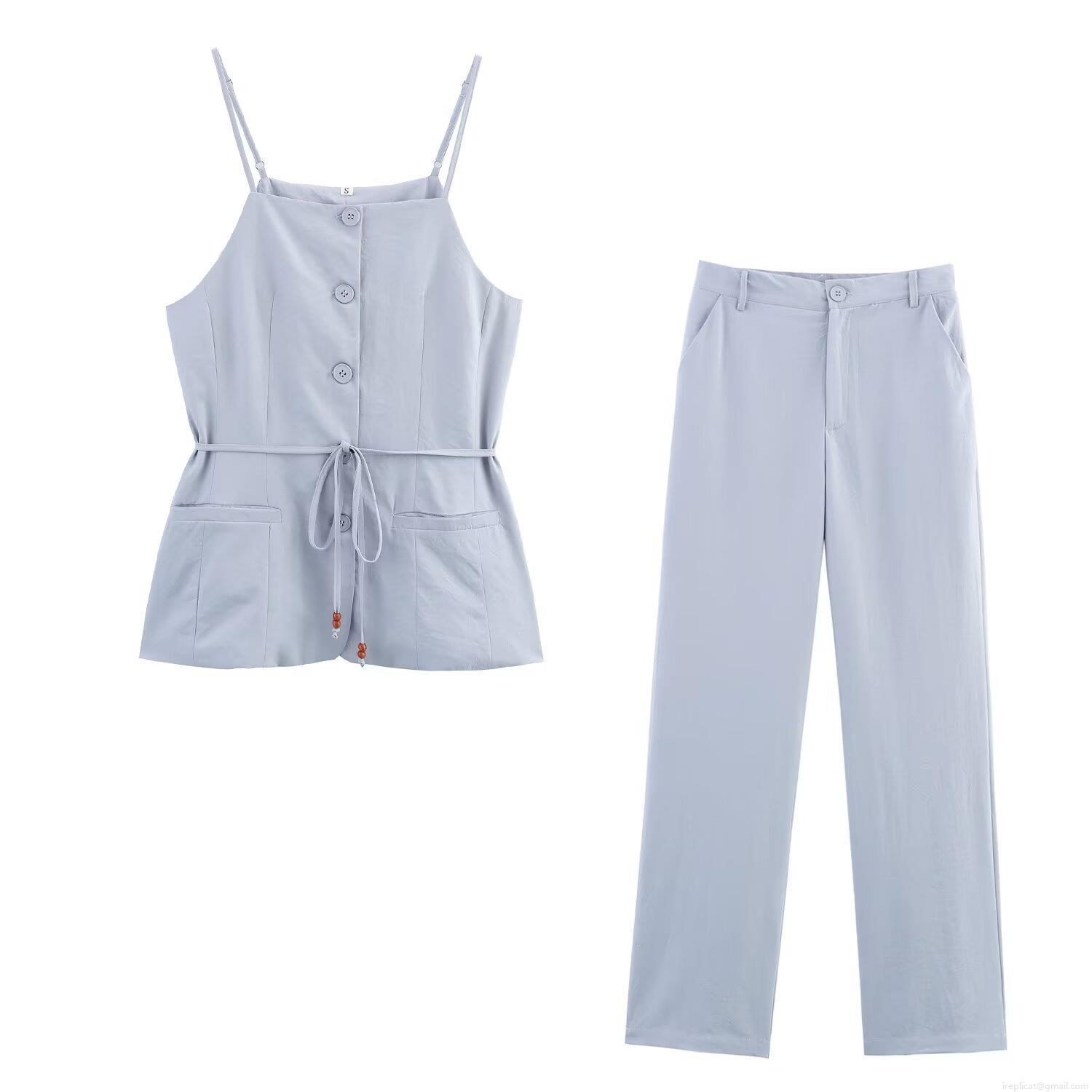 Women\'s Summer 2 Piece Outfits Sleeveless Button Camisole With Beaded Waist Belt High Waist Straight Leg Pants Solid Color Polyester Streetwear Set Women\'s Summer 2 Piece Outfits Sleeveless Button Camisole With Beaded Waist Belt High Waist Straight Leg Pants Solid Color Polyester Streetwear Set