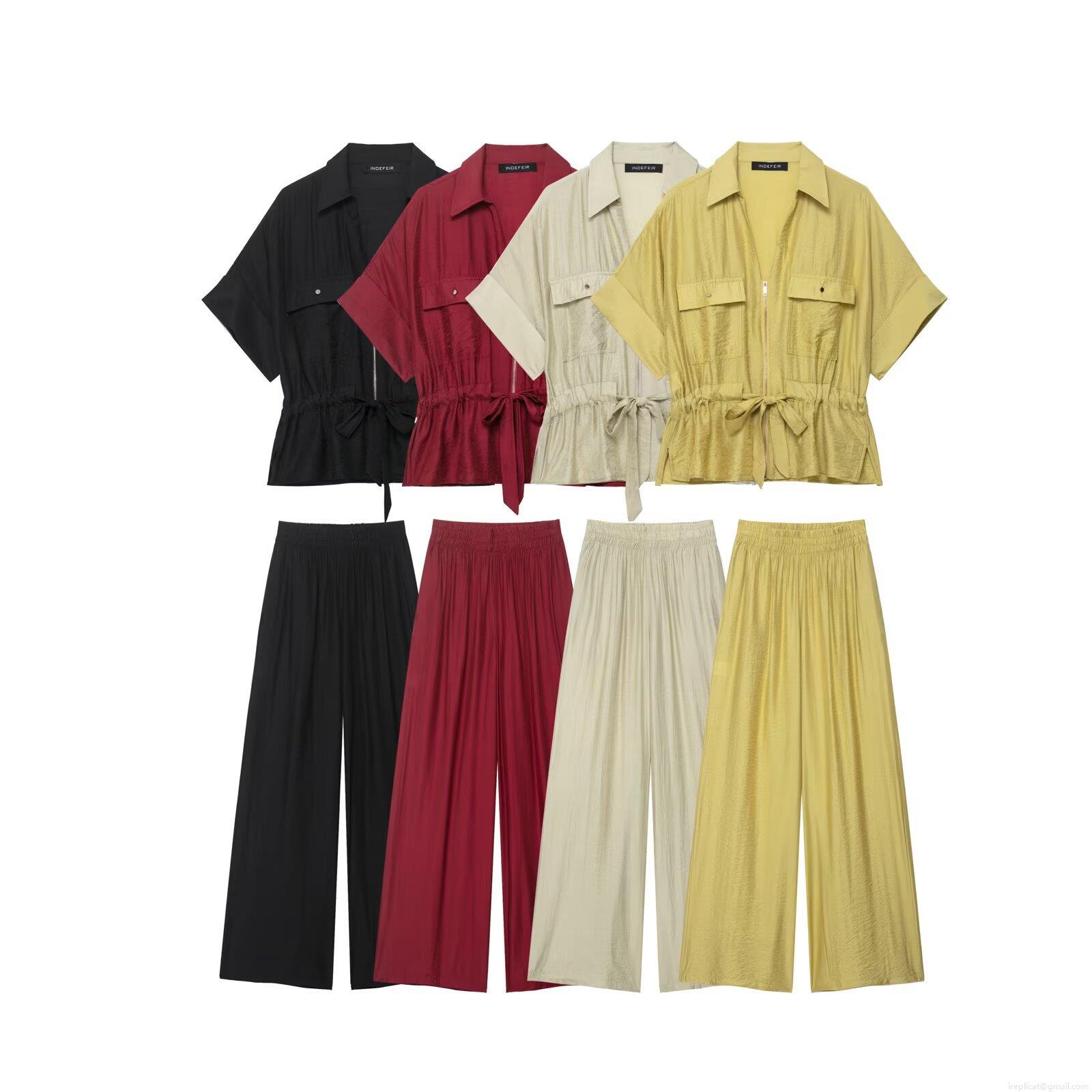 Women\'s Casual 2 Piece Set Satin Drawstring Short Sleeve Zipper Shirt and High Waist Wide Leg Pants Streetwear Workwear Style Outfits Women Separates Women\'s Casual 2 Piece Set Satin Drawstring Short Sleeve Zipper Shirt and High Waist Wide Leg Pants Streetwear Workwear Style Outfits Women Separates