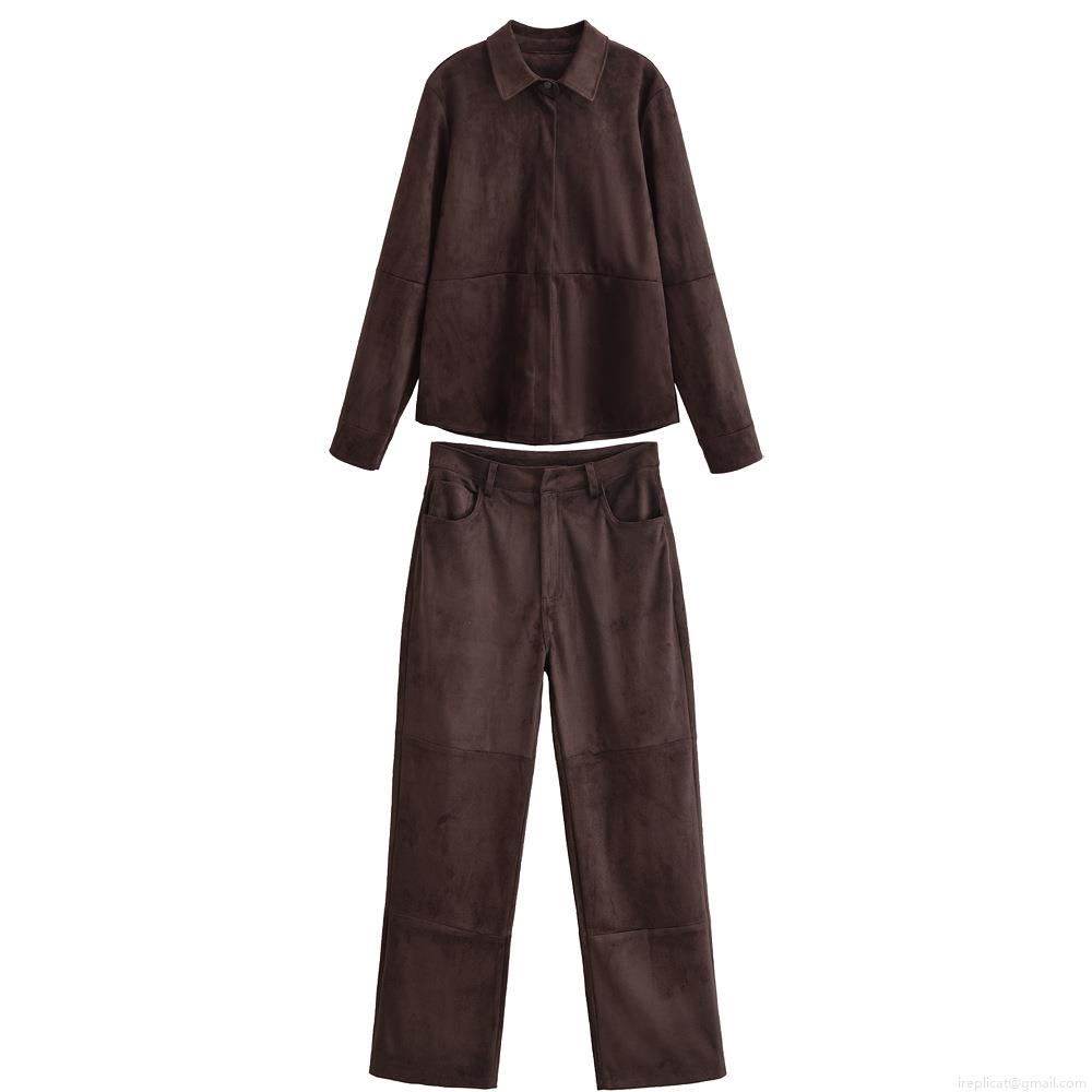 Women's European Style Faux Suede Two-Piece Set Solid Color Long Sleeve Button Shirt Jacket And High Waist Wide Leg Pants Set For Autumn Winter Streetwear Casual Outfit Dark Brown Women's European Style Faux Suede Two-Piece Set Solid Color Long Sleeve Button Shirt Jacket And High Waist Wide Leg Pants Set For Autumn Winter Streetwear Casual Outfit Dark Brown