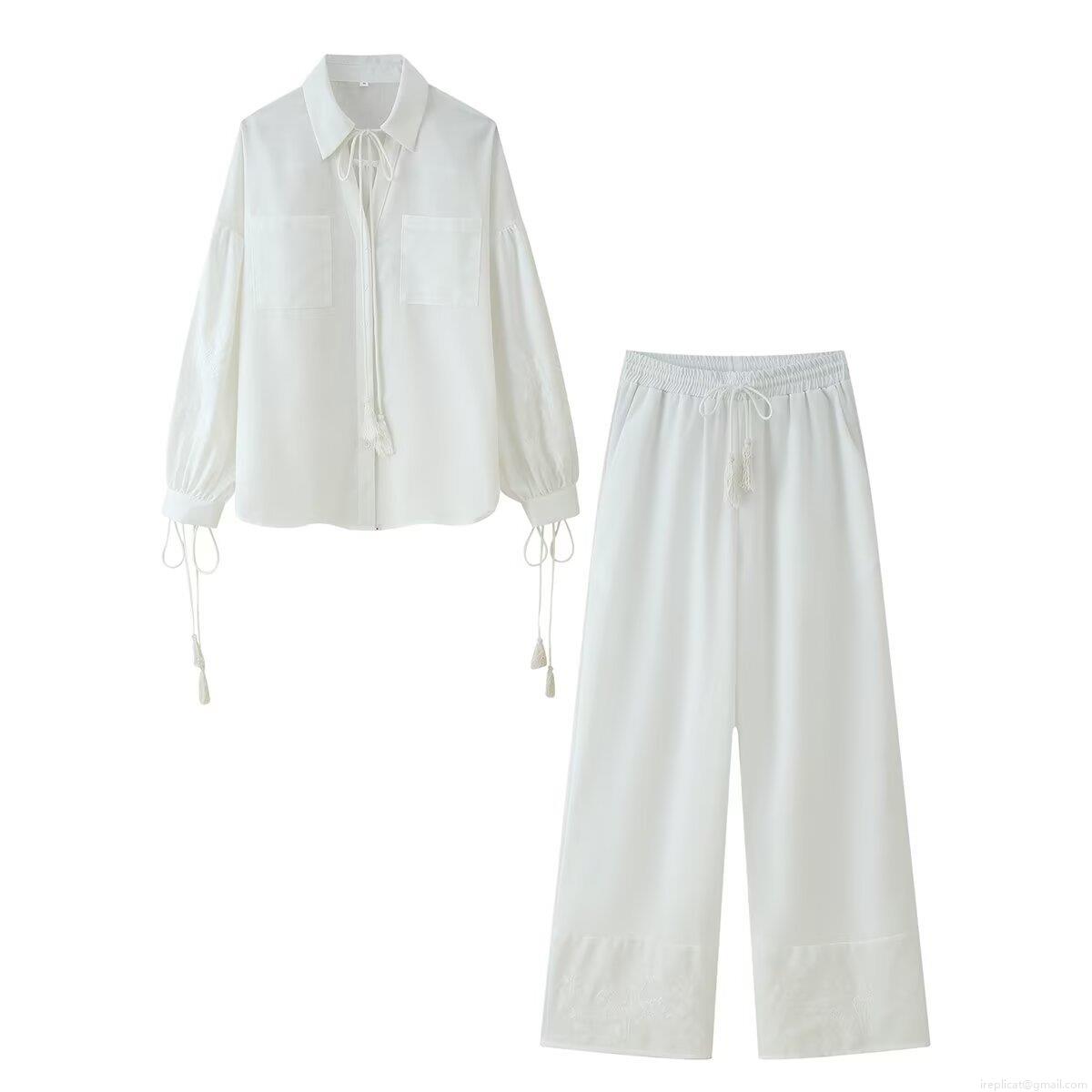 Women's 2 Piece Set Long Sleeve Tassel Lace Up Shirt And Wide Leg Pants Set Bohemian Embroidery Solid Color Polyester Cotton Linen Texture Streetwear Outfits Casual Vacation Daily Wear Women's 2 Piece Set Long Sleeve Tassel Lace Up Shirt And Wide Leg Pants Set Bohemian Embroidery Solid Color Polyester Cotton Linen Texture Streetwear Outfits Casual Vacation Daily Wear