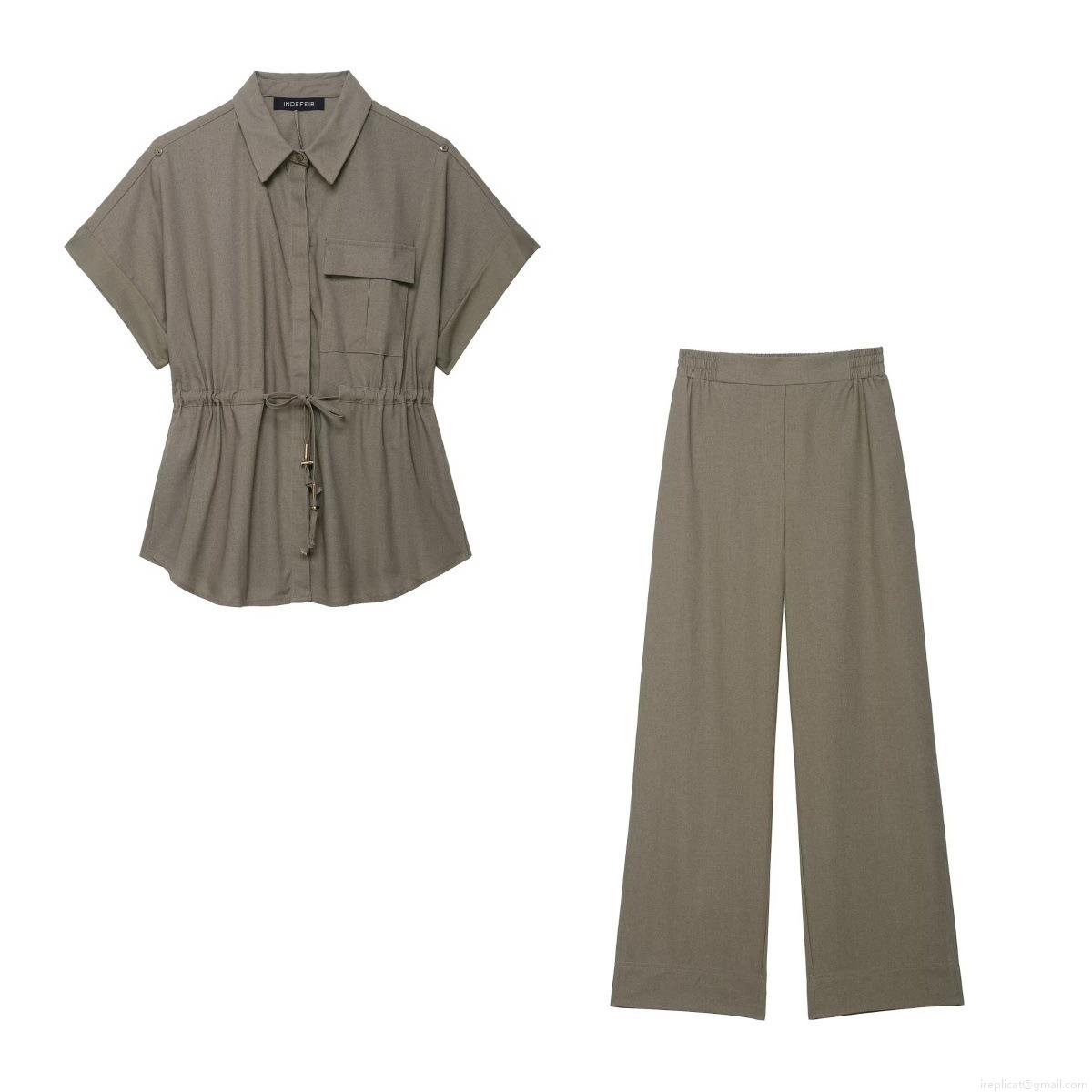 Women's Two Piece Set Short Sleeve Drawstring Cargo Shirt and Wide Leg Pants Casual Streetwear Polyester Blend Linen Texture Outfit Women's Two Piece Set Short Sleeve Drawstring Cargo Shirt and Wide Leg Pants Casual Streetwear Polyester Blend Linen Texture Outfit