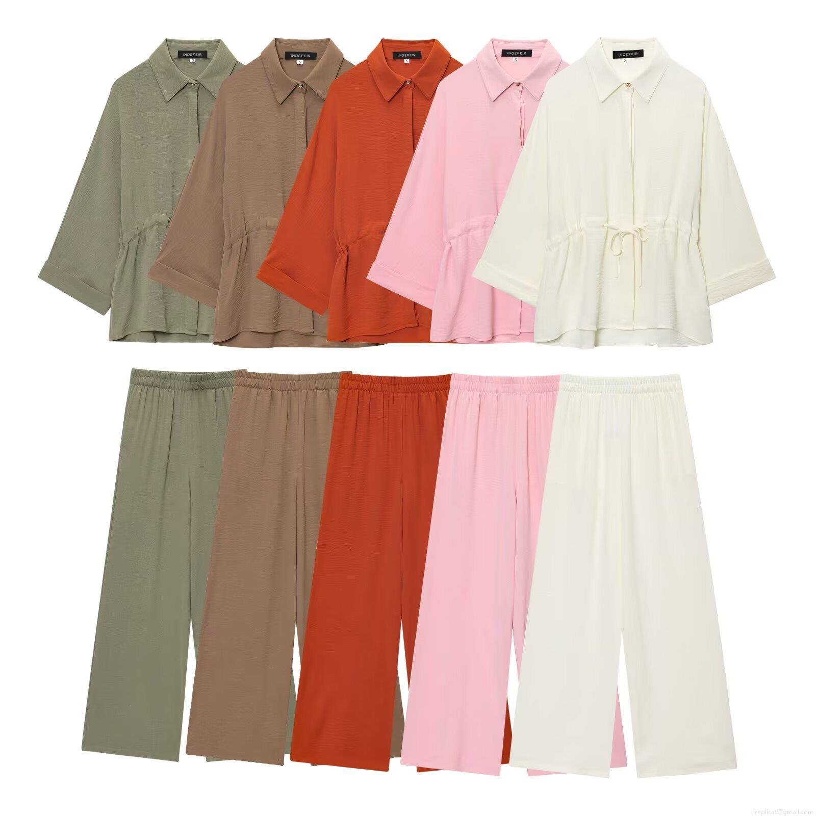 Women's Two Piece Pants Set Casual Loose Drawstring Shirt And Wide Leg Pants Polyester Crinkle Fabric Solid Color Autumn Streetwear Outfits Women's Two Piece Pants Set Casual Loose Drawstring Shirt And Wide Leg Pants Polyester Crinkle Fabric Solid Color Autumn Streetwear Outfits