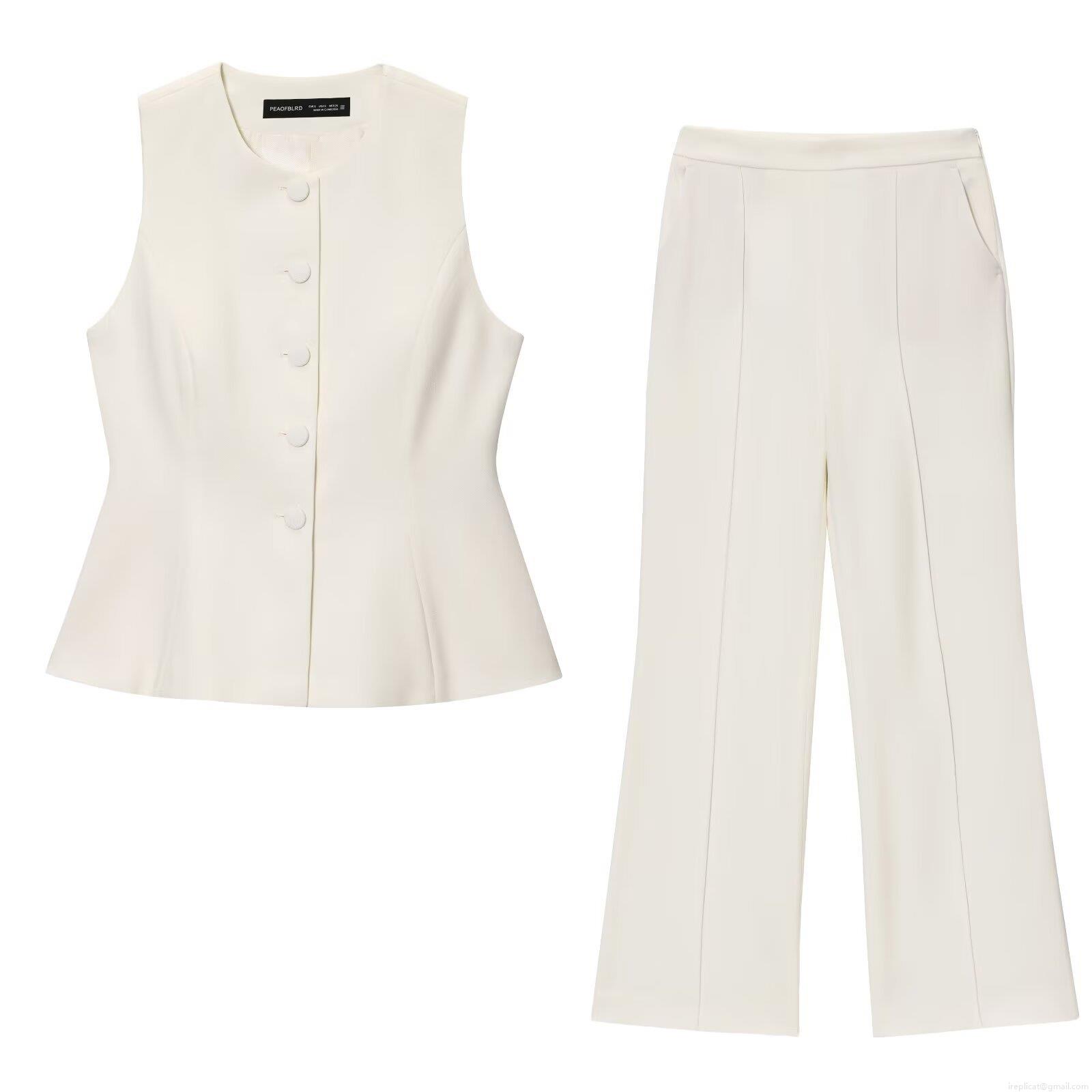 Women's Elegant Off-White Two-Piece Set Sleeveless Button-Down Waistcoat Peplum Vest And High Waist Wide-Leg Pants Suit Fabric Streetwear Trousers Set Women's Elegant Off-White Two-Piece Set Sleeveless Button-Down Waistcoat Peplum Vest And High Waist Wide-Leg Pants Suit Fabric Streetwear Trousers Set
