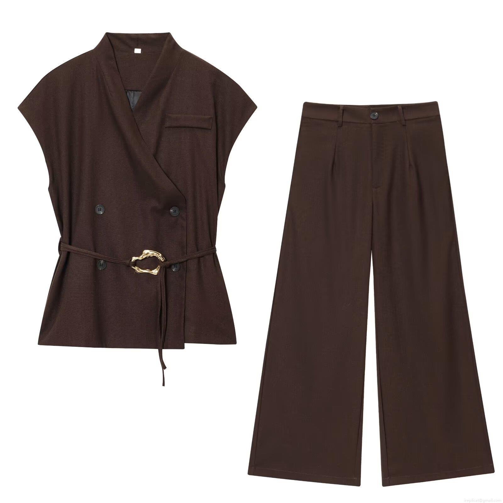 Women 2 Piece Outfits Polyester Sleeveless Double Breasted Vest Top and High Waist Wide Leg Pants Set Solid Color Streetwear Autumn Business Casual Suits Women 2 Piece Outfits Polyester Sleeveless Double Breasted Vest Top and High Waist Wide Leg Pants Set Solid Color Streetwear Autumn Business Casual Suits