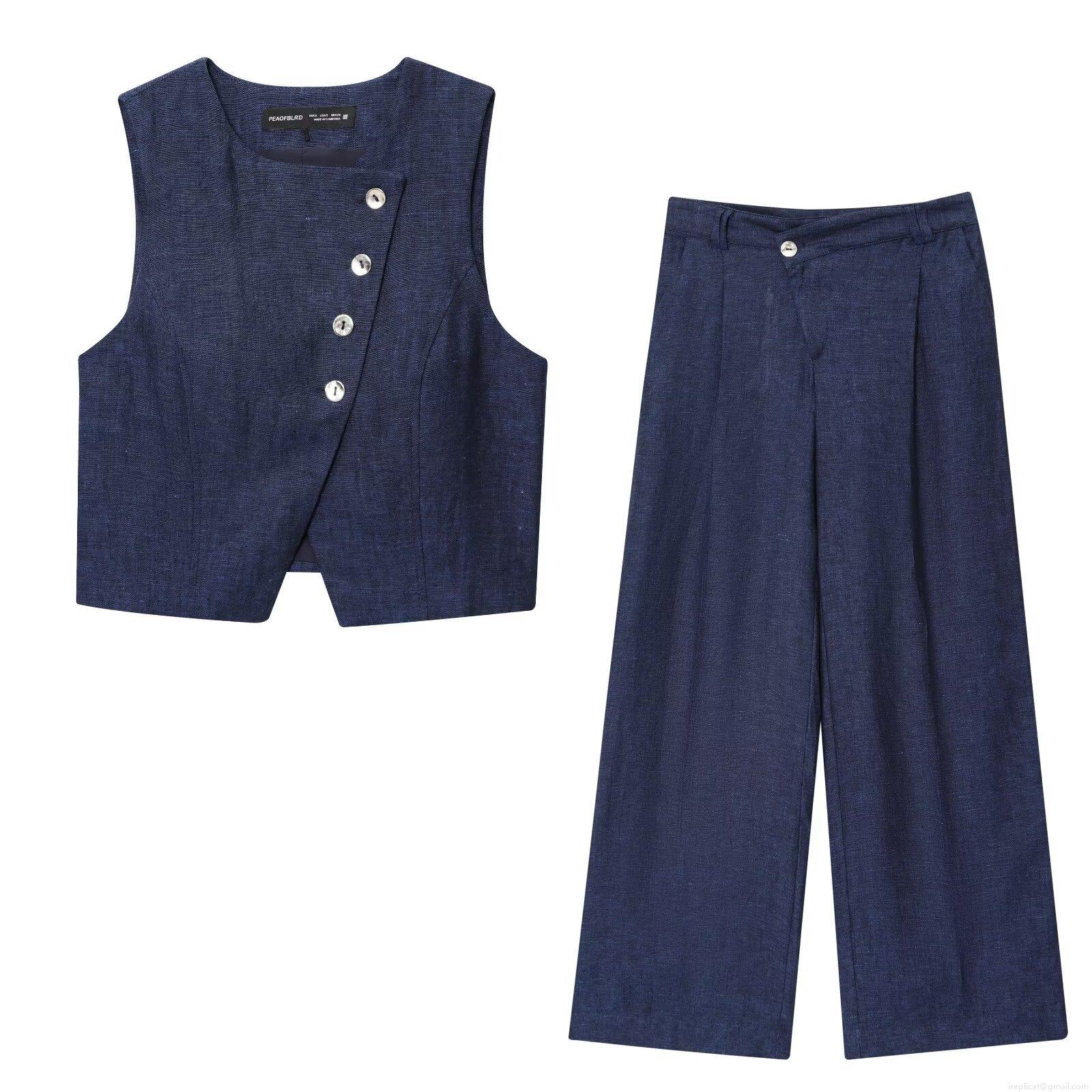 Women 2-Piece Outfit Set Asymmetric Button Vest Waistcoat High Waist Wide Leg Pants Set Navy Blue Polyester Linen Feel Casual Streetwear Autumn Suit Women 2-Piece Outfit Set Asymmetric Button Vest Waistcoat High Waist Wide Leg Pants Set Navy Blue Polyester Linen Feel Casual Streetwear Autumn Suit