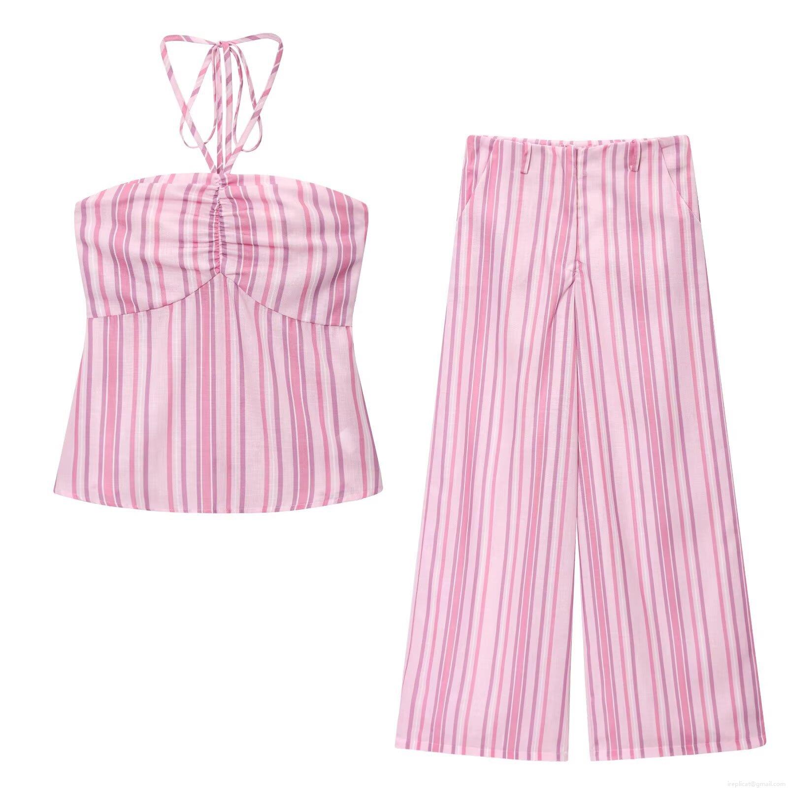 Women's Striped Two Piece Set Halter Neck Sleeveless Crop Top And Wide Leg Pants Polyester Streetwear Casual Outfits For Summer Autumn Women Women's Striped Two Piece Set Halter Neck Sleeveless Crop Top And Wide Leg Pants Polyester Streetwear Casual Outfits For Summer Autumn Women