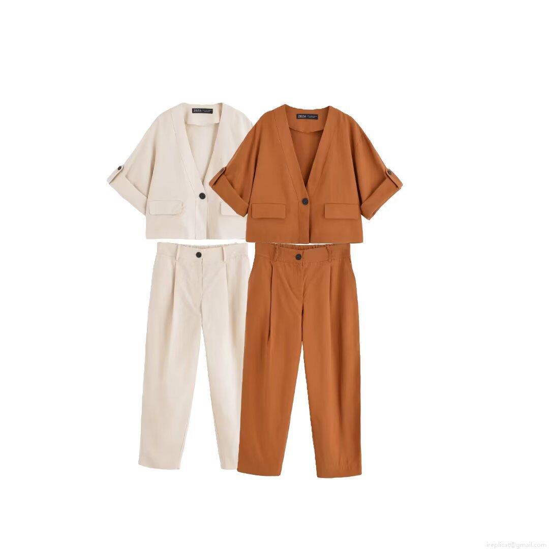 Women's Casual Two-Piece Set European Style V-Neck Short Sleeve Jacket And High Waist Straight Leg Pants Solid Color Polyester Streetwear Autumn Outfits Women's Casual Two-Piece Set European Style V-Neck Short Sleeve Jacket And High Waist Straight Leg Pants Solid Color Polyester Streetwear Autumn Outfits