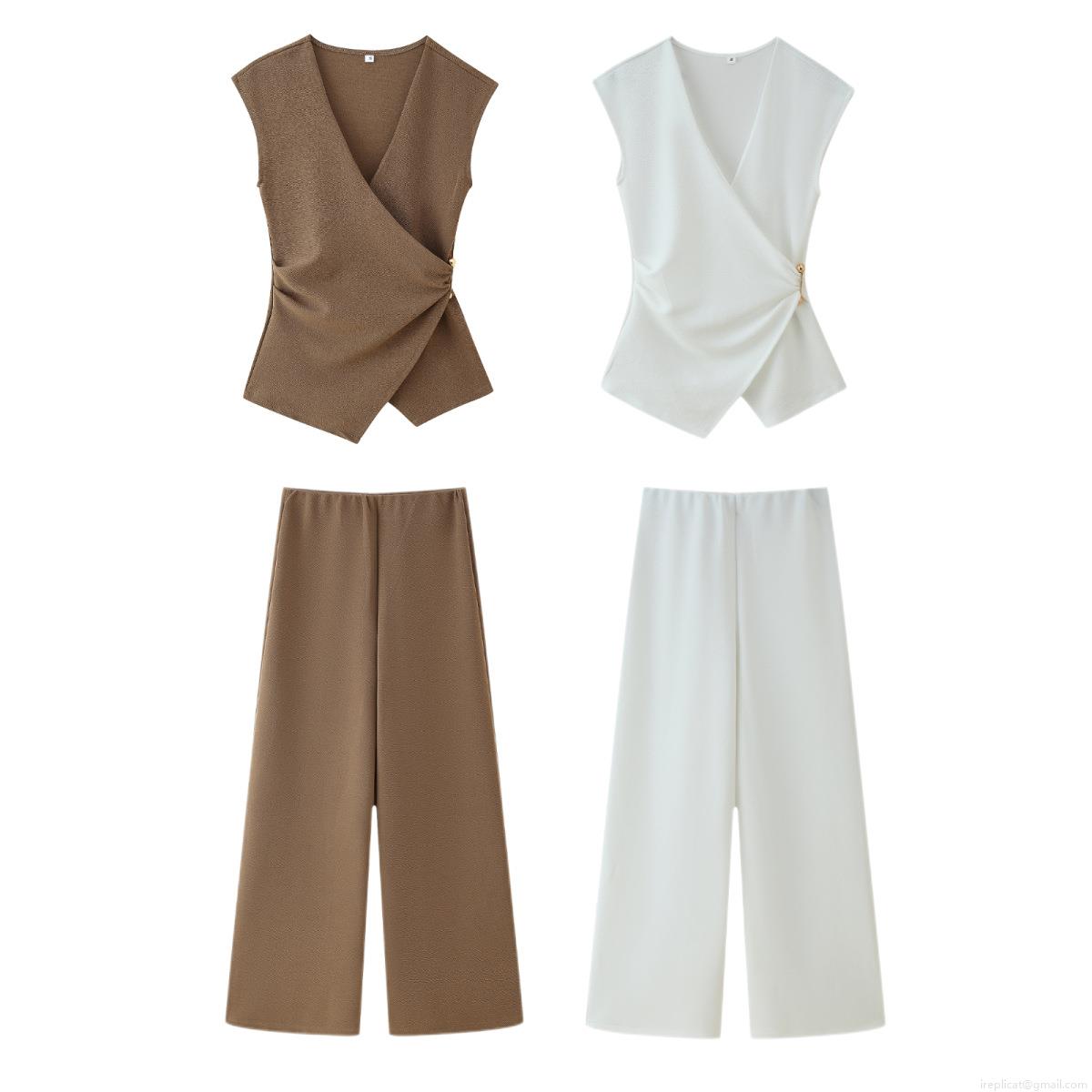 Women\'s Two Piece Set Wrapped V-Neck Sleeveless Vest Top High Waist Wide Leg Pants Outfits with Metal Pin Detail Streetwear Polyester Minimalist Suit Women\'s Two Piece Set Wrapped V-Neck Sleeveless Vest Top High Waist Wide Leg Pants Outfits with Metal Pin Detail Streetwear Polyester Minimalist Suit