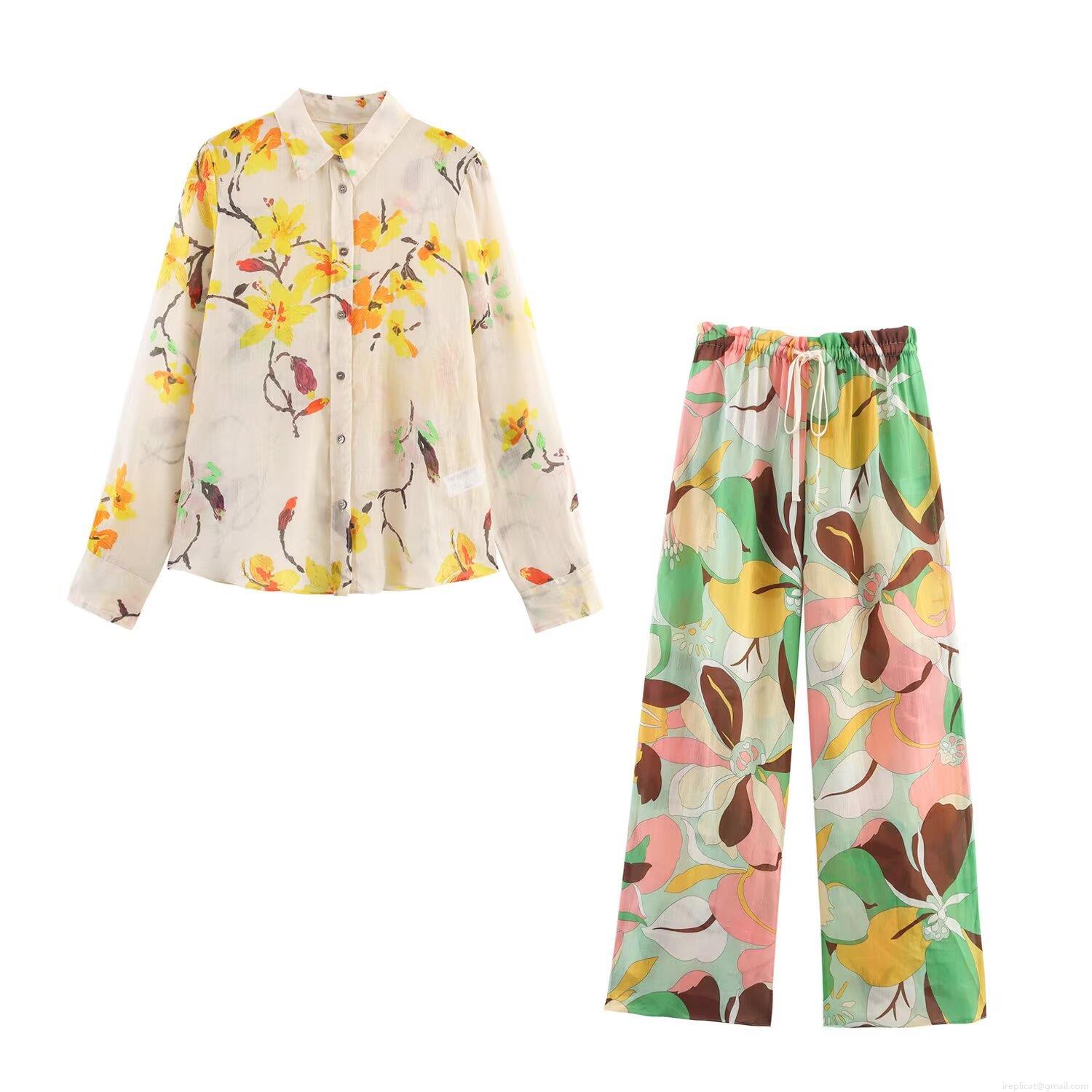 Women\'s 2 Piece Floral Print Outfit Set Long Sleeve Button Down Shirt And High Waist Wide Leg Drawstring Pants Casual Streetwear Vacation Suits Women\'s 2 Piece Floral Print Outfit Set Long Sleeve Button Down Shirt And High Waist Wide Leg Drawstring Pants Casual Streetwear Vacation Suits