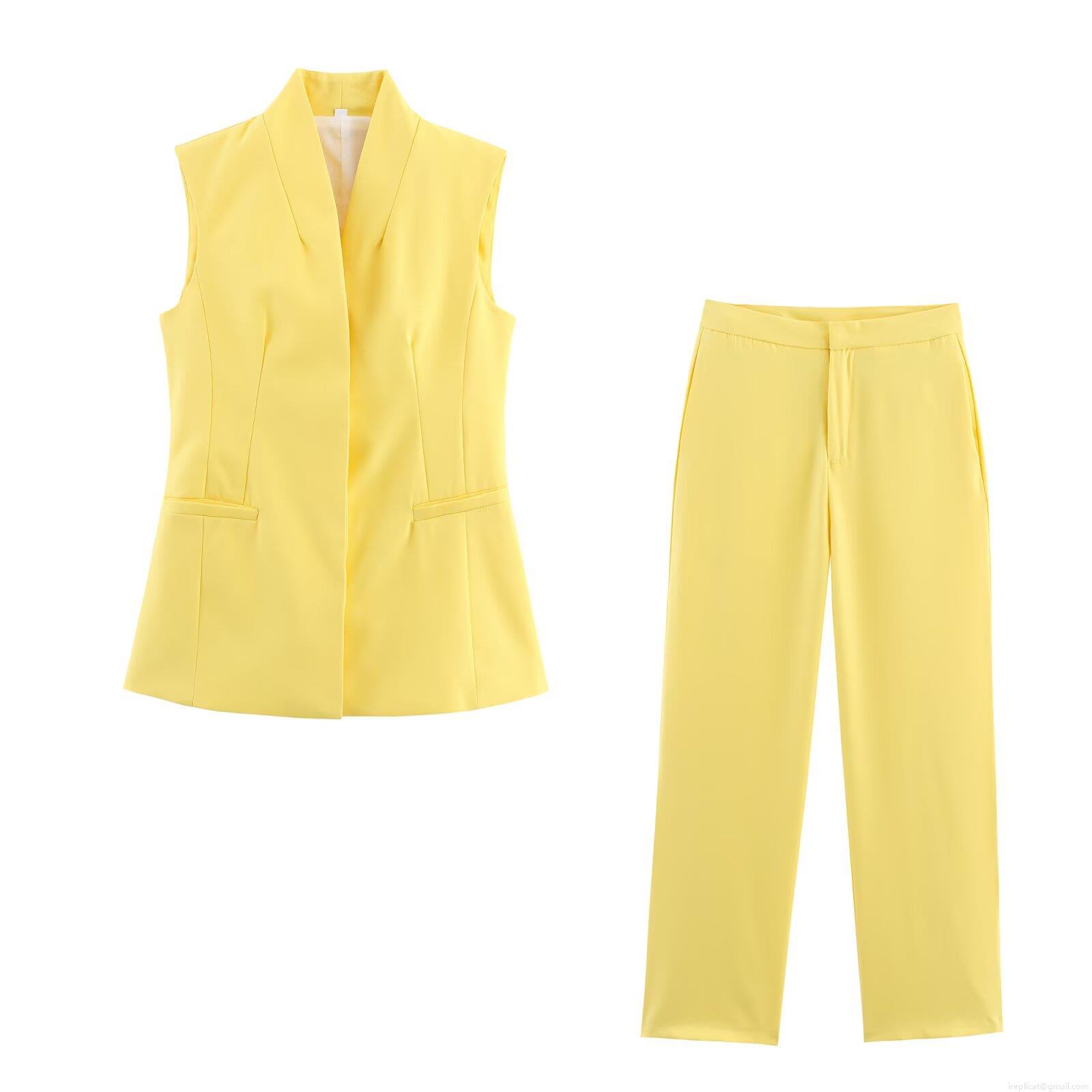 Women's Two Piece Suit Set V Neck Sleeveless Vest Waistcoat And Straight Leg Pants Solid Color Yellow Formal Casual Office Outfits For Lady Fashion Women's Two Piece Suit Set V Neck Sleeveless Vest Waistcoat And Straight Leg Pants Solid Color Yellow Formal Casual Office Outfits For Lady Fashion