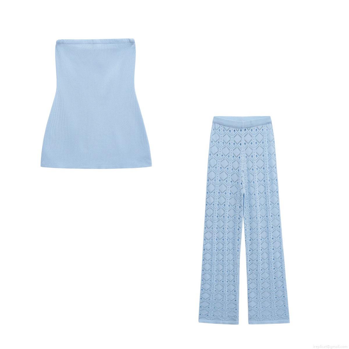 Women's 2-Piece Knit Set Sexy Strapless Ribbed Tube Top and Geometric Hollow Out Wide Leg Pants Light Blue Polyester Sleeveless Summer Vacation Streetwear Co-ords For Ladies Women's 2-Piece Knit Set Sexy Strapless Ribbed Tube Top and Geometric Hollow Out Wide Leg Pants Light Blue Polyester Sleeveless Summer Vacation Streetwear Co-ords For Ladies