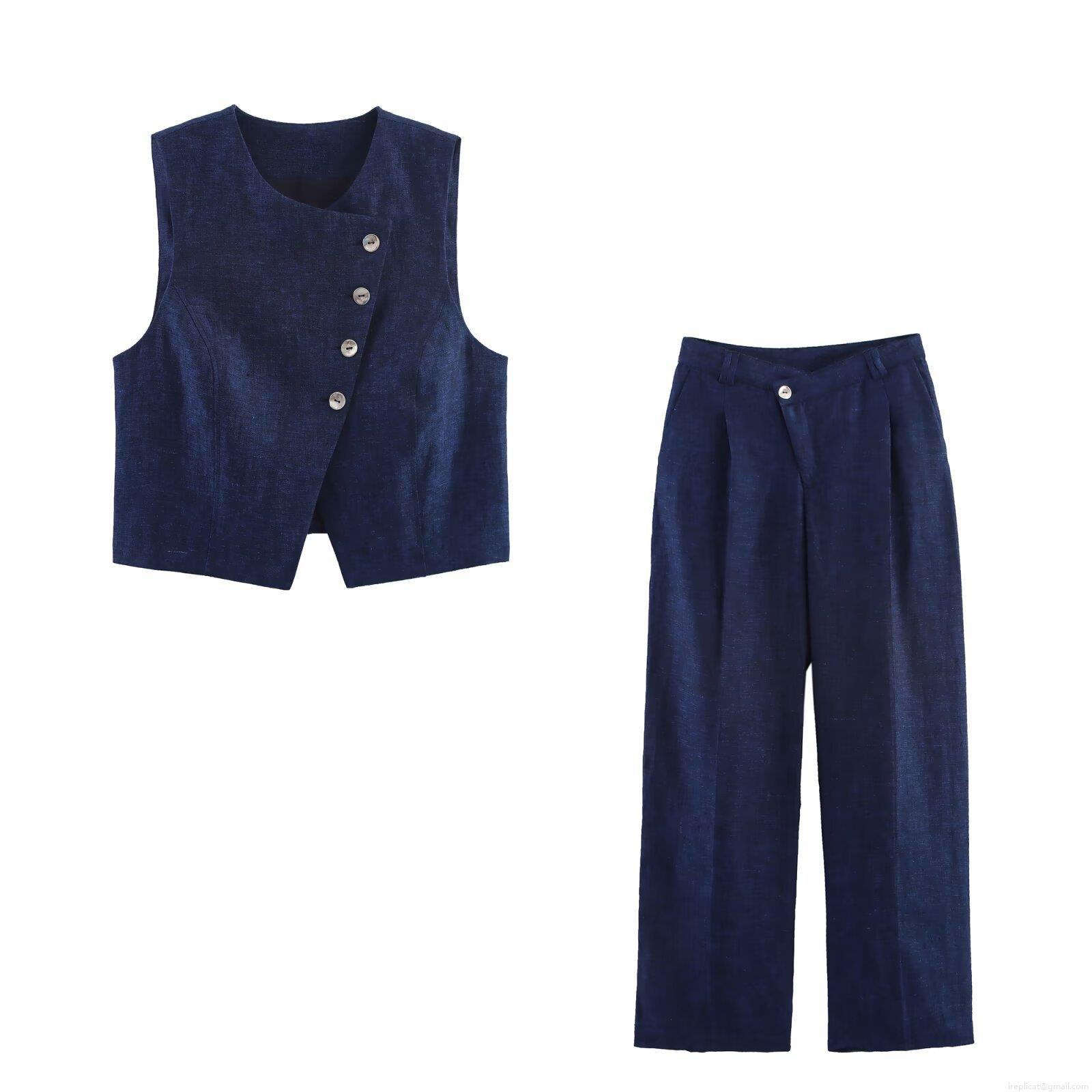 Women's Navy Blue Vest and Wide Leg Pants Set Polyester Cotton Blend Asymmetric Button Sleeveless Waistcoat High Waist Trousers Streetwear Autumn Two Piece Women's Navy Blue Vest and Wide Leg Pants Set Polyester Cotton Blend Asymmetric Button Sleeveless Waistcoat High Waist Trousers Streetwear Autumn Two Piece