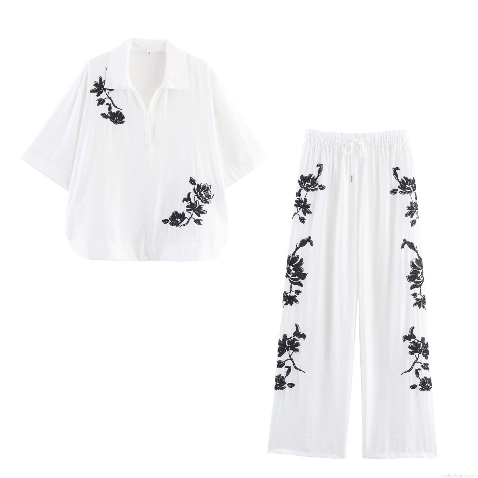 Women's Elegant Flower Embroidery Two Piece Set Lapel Short Sleeve Shirt And Drawstring Wide Leg Pants Casual Vacation Outfit European Street Style Ladies White Top Bottom Women's Elegant Flower Embroidery Two Piece Set Lapel Short Sleeve Shirt And Drawstring Wide Leg Pants Casual Vacation Outfit European Street Style Ladies White Top Bottom