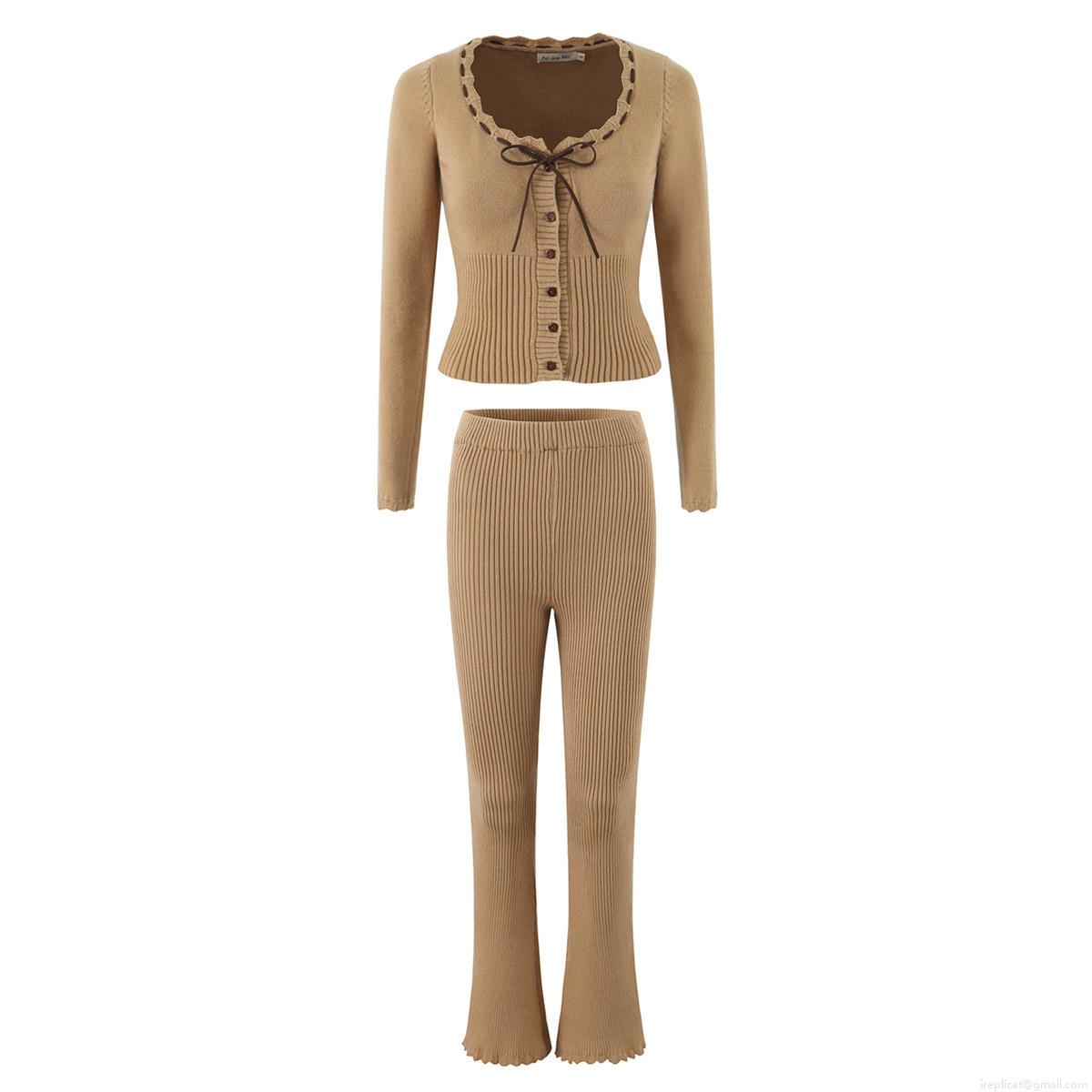 Women Ribbed Knit Cardigan Top High Waist Flare Pants Two Piece Set Long Sleeve V Neck Bow Decor Autumn Streetwear Outfits Women Ribbed Knit Cardigan Top High Waist Flare Pants Two Piece Set Long Sleeve V Neck Bow Decor Autumn Streetwear Outfits