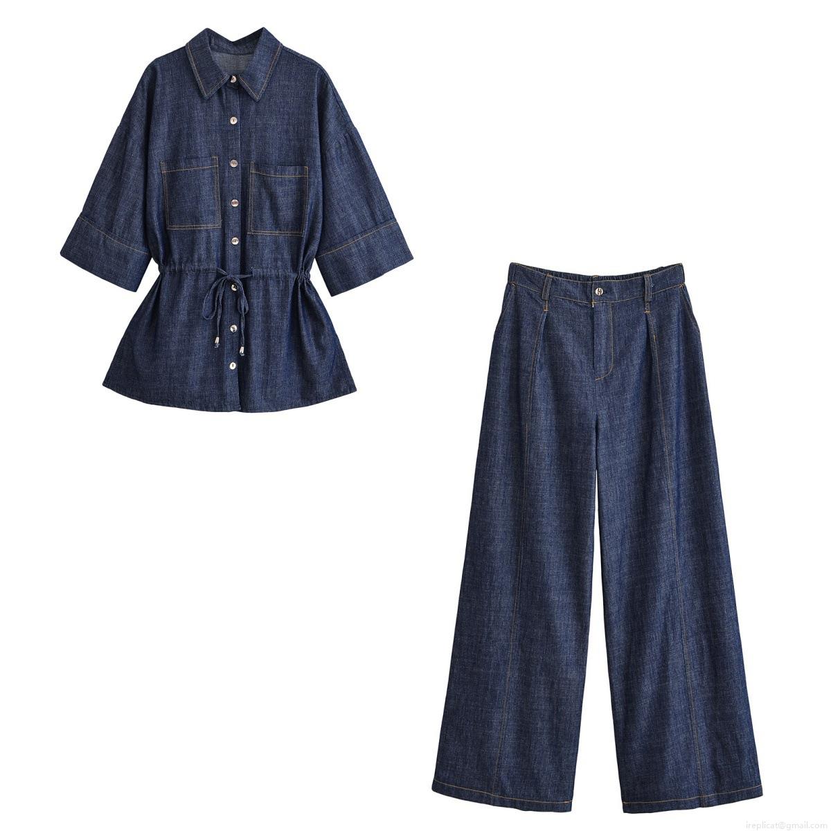 Women Two Piece Denim Look Set Casual Short Sleeve Drawstring Waist Shirt And High Waist Wide Leg Pants Polyester Outfit Streetwear Deep Blue Autumn Fashion For Ladies Women Two Piece Denim Look Set Casual Short Sleeve Drawstring Waist Shirt And High Waist Wide Leg Pants Polyester Outfit Streetwear Deep Blue Autumn Fashion For Ladies