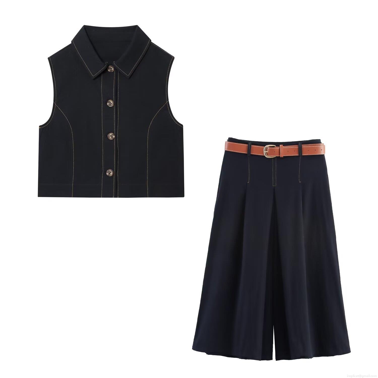 Women's 2-Piece Sleeveless Vest And Wide Leg Pants Set With Belt Autumn Casual Streetwear Color-Block Stitching Cotton Blend Outfit For Women Women's 2-Piece Sleeveless Vest And Wide Leg Pants Set With Belt Autumn Casual Streetwear Color-Block Stitching Cotton Blend Outfit For Women