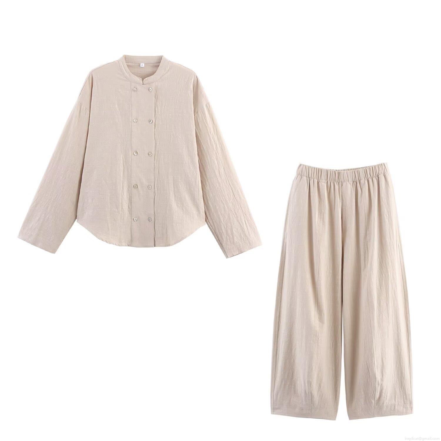 Women's Casual Minimalist Long Sleeve Shirt and Wide Leg Pants Set Double Breasted Cotton Linen Texture Streetwear Two Piece Outfit Women's Casual Minimalist Long Sleeve Shirt and Wide Leg Pants Set Double Breasted Cotton Linen Texture Streetwear Two Piece Outfit