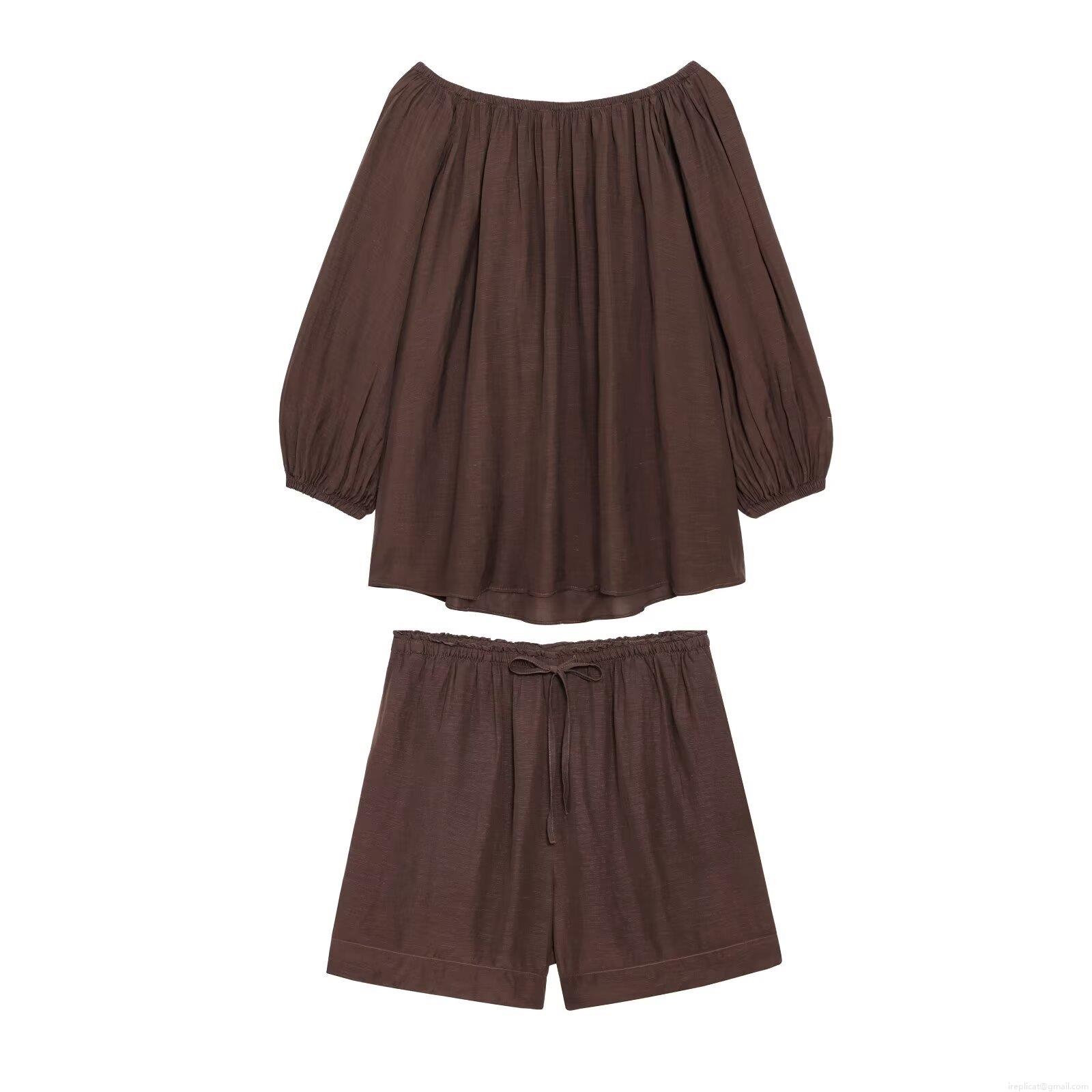 Women's Off Shoulder Lantern Sleeve Top and Drawstring Shorts Set Bamboo Linen Look Casual Streetwear Two-Piece Co-ord For Women Autumn Deep Brown Women's Off Shoulder Lantern Sleeve Top and Drawstring Shorts Set Bamboo Linen Look Casual Streetwear Two-Piece Co-ord For Women Autumn Deep Brown