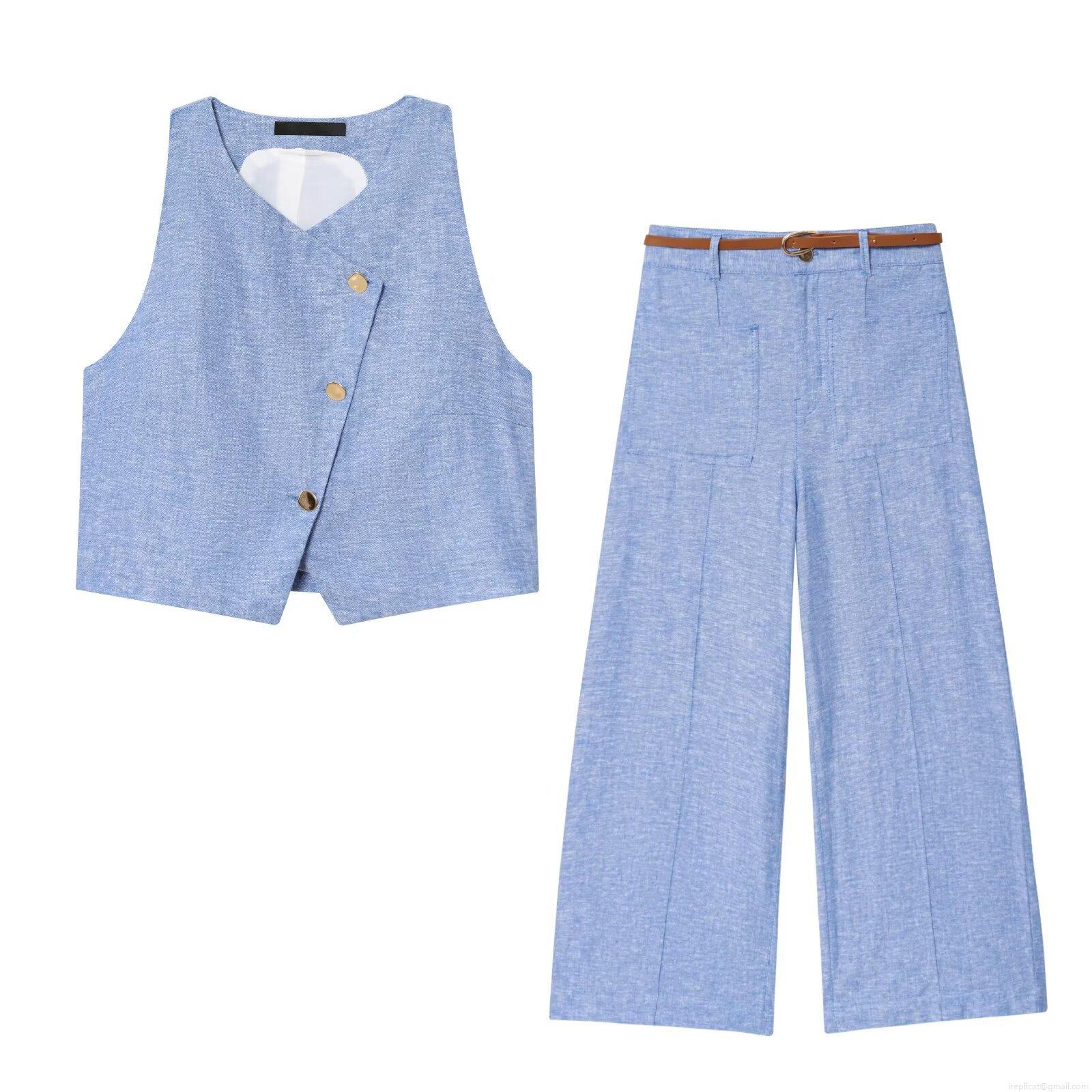 Women's 2-Piece Sleeveless Vest and Wide Leg Pants Set with Belt Western Style Polyester Linen Texture Casual Streetwear Co-ords Outfits Women's 2-Piece Sleeveless Vest and Wide Leg Pants Set with Belt Western Style Polyester Linen Texture Casual Streetwear Co-ords Outfits