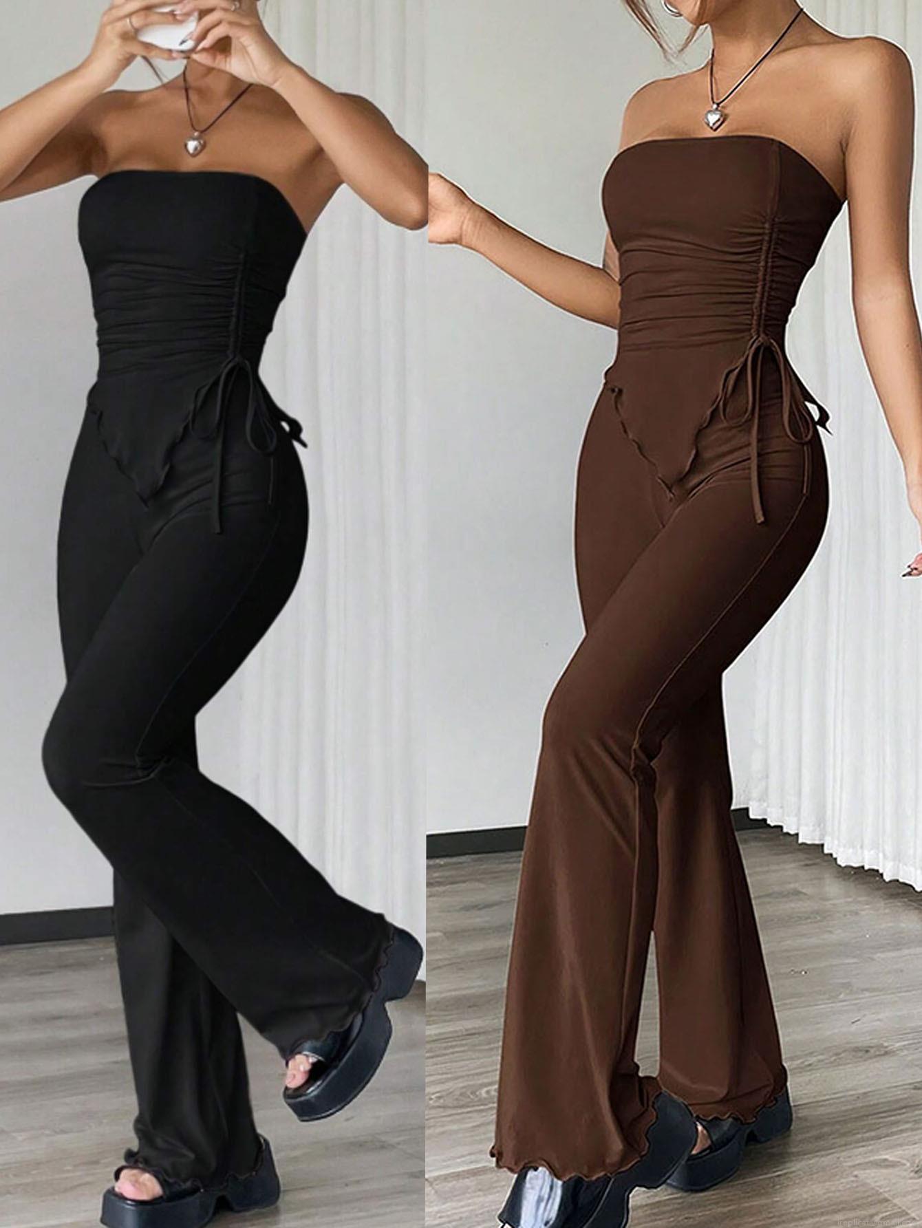 Women's Sexy 2 Piece Streetwear Outfits Ruched Drawstring Tube Top and High Waist Flare Pants Set Polyester Elastane Stretchy Clubwear Sets for Women Women's Sexy 2 Piece Streetwear Outfits Ruched Drawstring Tube Top and High Waist Flare Pants Set Polyester Elastane Stretchy Clubwear Sets for Women