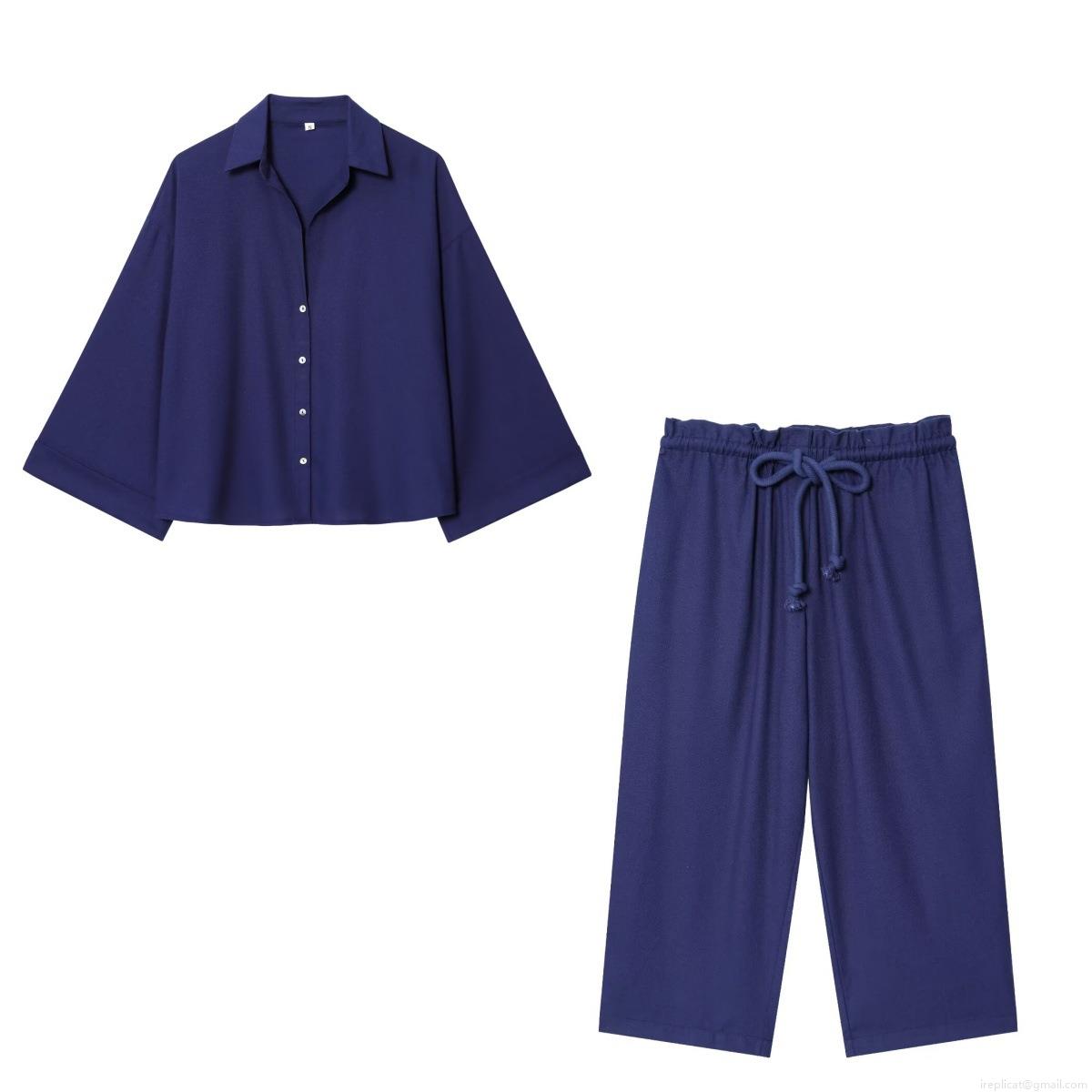 Women's 2 Piece Casual Set Solid Color Polyester Long Sleeve Button Down Shirt And Wide Leg Drawstring Pants Loose Fit Autumn Outfits Streetwear Women's 2 Piece Casual Set Solid Color Polyester Long Sleeve Button Down Shirt And Wide Leg Drawstring Pants Loose Fit Autumn Outfits Streetwear
