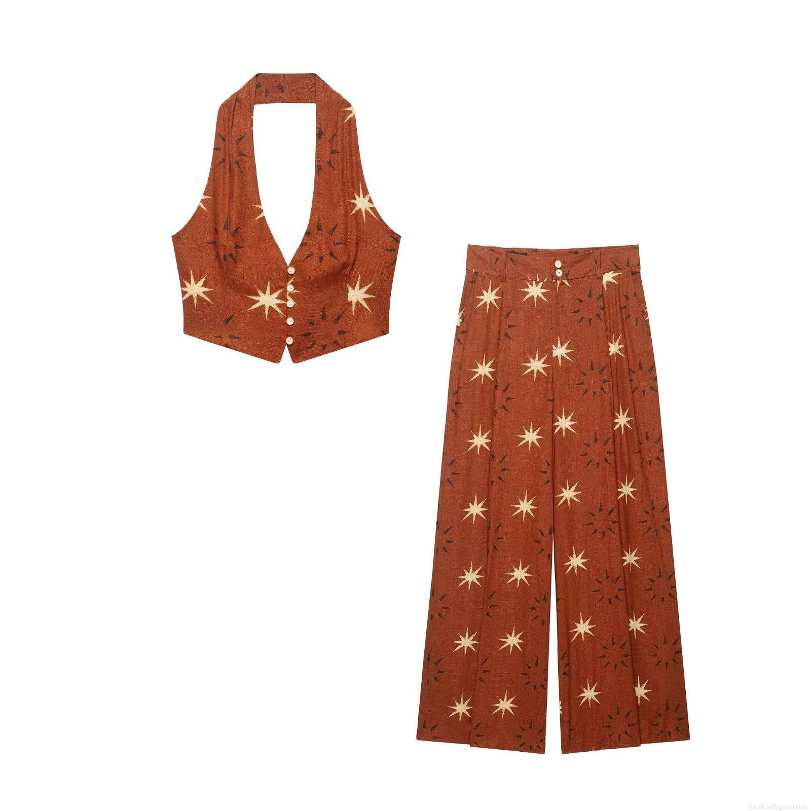 Women's 2 Piece Set Retro Halter Neck Star Print Sleeveless Top And High Waist Wide Leg Pants Polyester Cotton Blend Casual Streetwear Vacation Outfits For Women Women's 2 Piece Set Retro Halter Neck Star Print Sleeveless Top And High Waist Wide Leg Pants Polyester Cotton Blend Casual Streetwear Vacation Outfits For Women