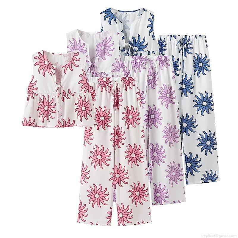 Women's 2-Piece Summer Outfits Sunflower Printed V-Neck Sleeveless Tie Front Top And High Waisted Drawstring Wide Leg Pants Casual Streetwear Set For Beach Vacation Lounge Wear Women's 2-Piece Summer Outfits Sunflower Printed V-Neck Sleeveless Tie Front Top And High Waisted Drawstring Wide Leg Pants Casual Streetwear Set For Beach Vacation Lounge Wear