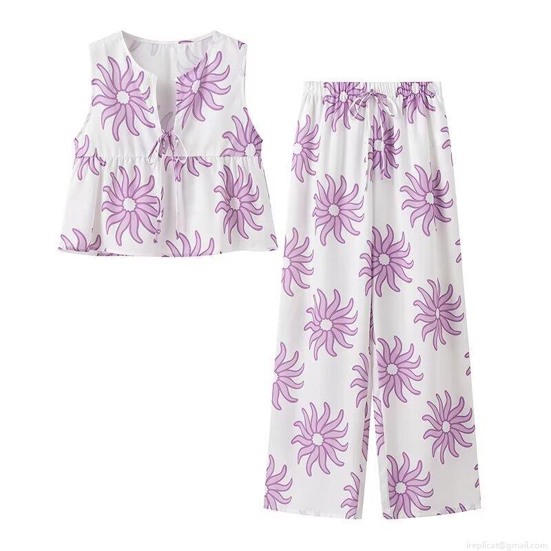 Women\'s 2-Piece Summer Outfits Sunflower Printed V-Neck Sleeveless Tie Front Top And High Waisted Drawstring Wide Leg Pants Casual Streetwear Set For Beach Vacation Lounge Wear