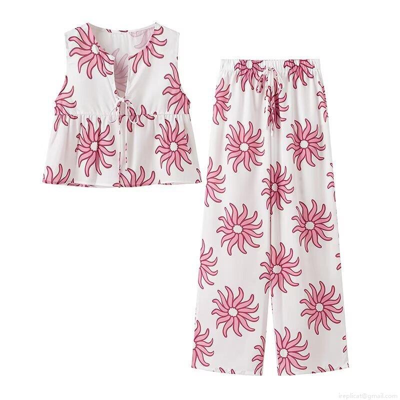 Women\'s 2-Piece Summer Outfits Sunflower Printed V-Neck Sleeveless Tie Front Top And High Waisted Drawstring Wide Leg Pants Casual Streetwear Set For Beach Vacation Lounge Wear