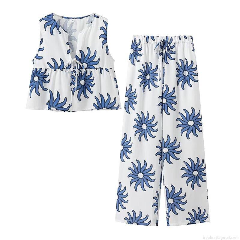 Women\'s 2-Piece Summer Outfits Sunflower Printed V-Neck Sleeveless Tie Front Top And High Waisted Drawstring Wide Leg Pants Casual Streetwear Set For Beach Vacation Lounge Wear