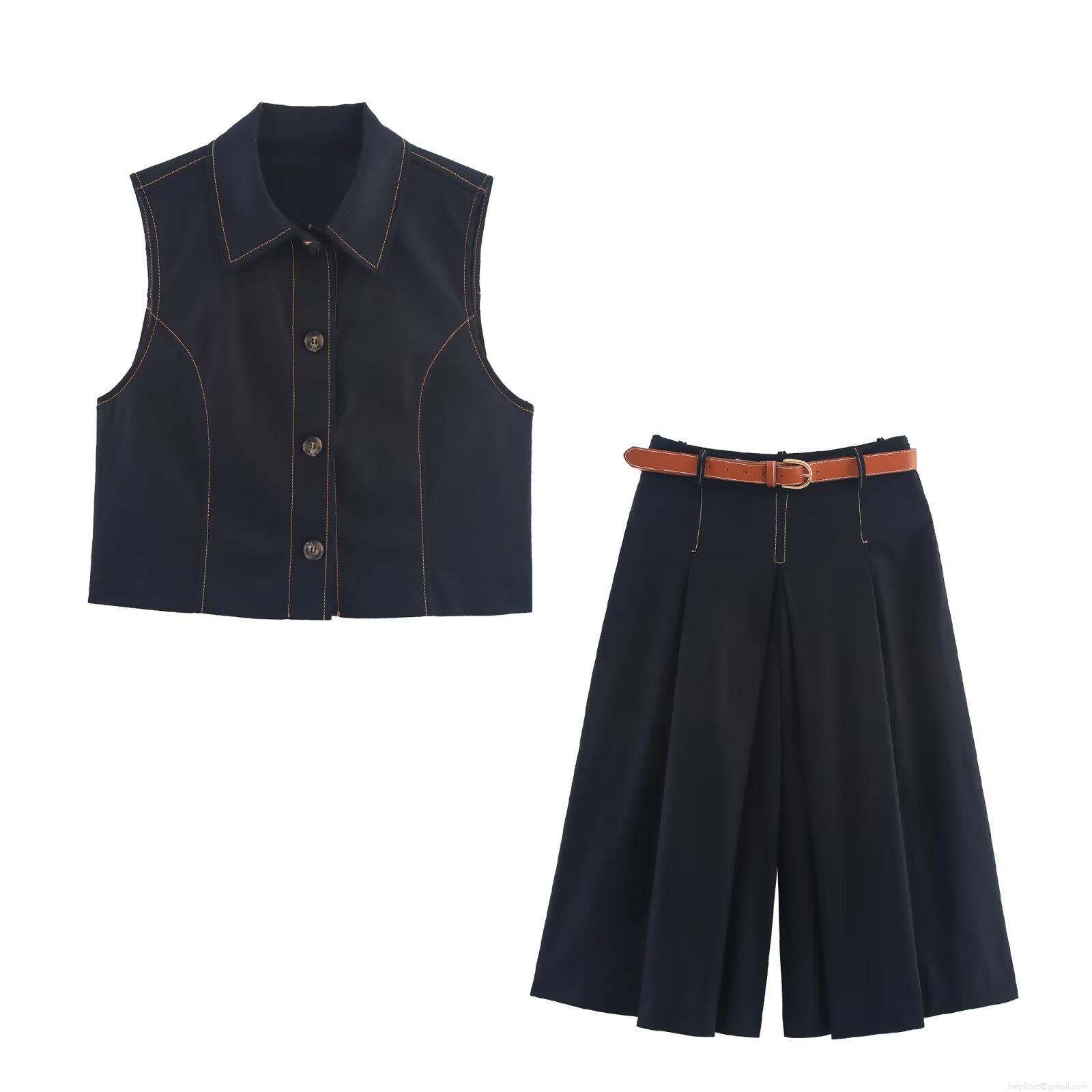 Women's 2 Piece Casual Suit Set Sleeveless Lapel Vest With Contrast Stitching And Pleated Wide Leg Pants With Belt Western Street Style Autumn Outfit Women's 2 Piece Casual Suit Set Sleeveless Lapel Vest With Contrast Stitching And Pleated Wide Leg Pants With Belt Western Street Style Autumn Outfit