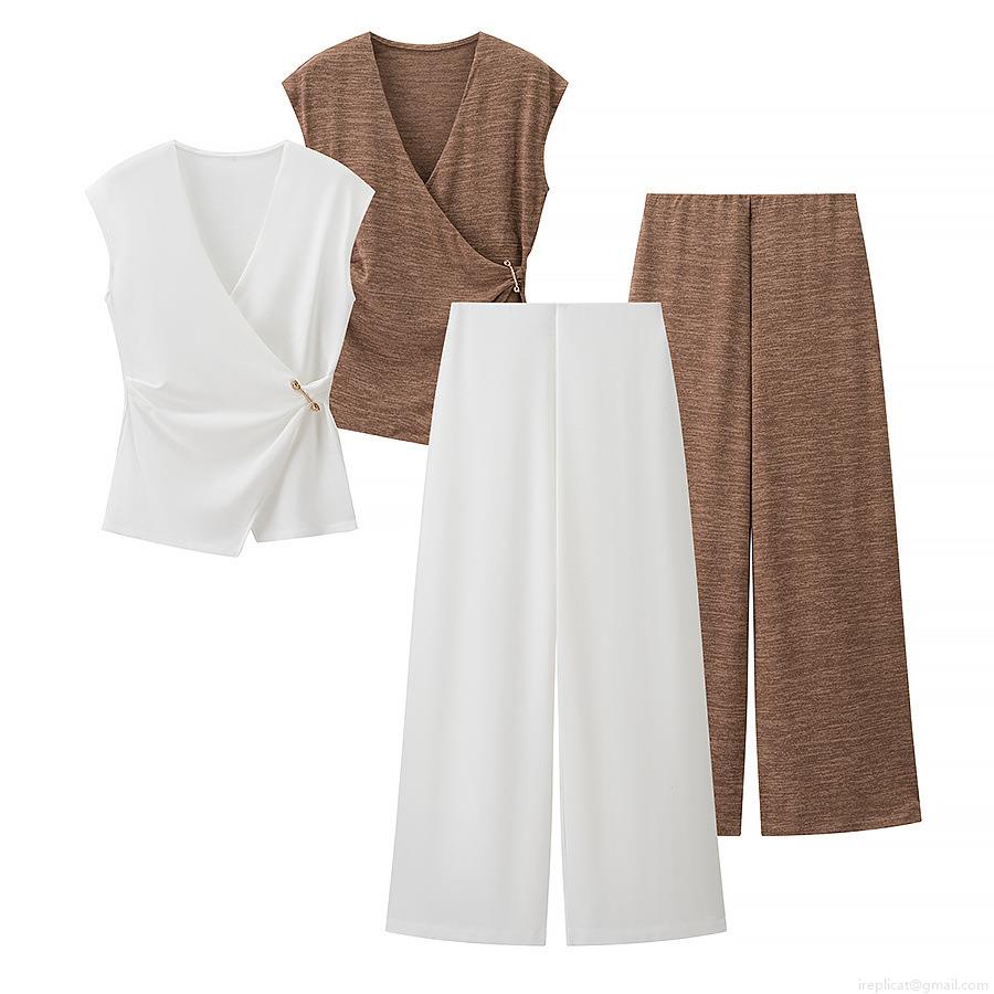 Women's Elegant Sleeveless V-Neck Wrap Top And Wide Leg Pants Two Piece Set Casual Office Lady Plain Color Outfit With Metal Buckle Decoration Women's Elegant Sleeveless V-Neck Wrap Top And Wide Leg Pants Two Piece Set Casual Office Lady Plain Color Outfit With Metal Buckle Decoration