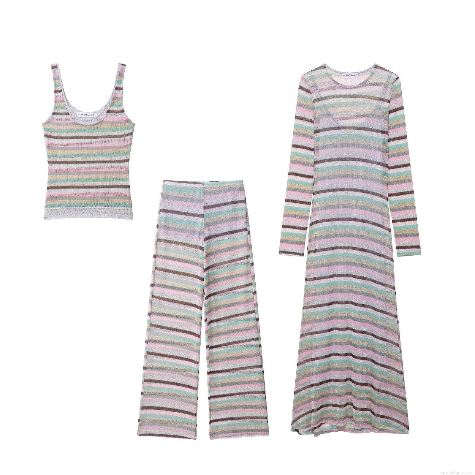 Women's Three-Piece Knit Set Colorful Striped Patchwork Tank Top Wide Leg Pants And Long Sleeve Slim Maxi Dress Casual Vacation Beach Outfits Women's Three-Piece Knit Set Colorful Striped Patchwork Tank Top Wide Leg Pants And Long Sleeve Slim Maxi Dress Casual Vacation Beach Outfits