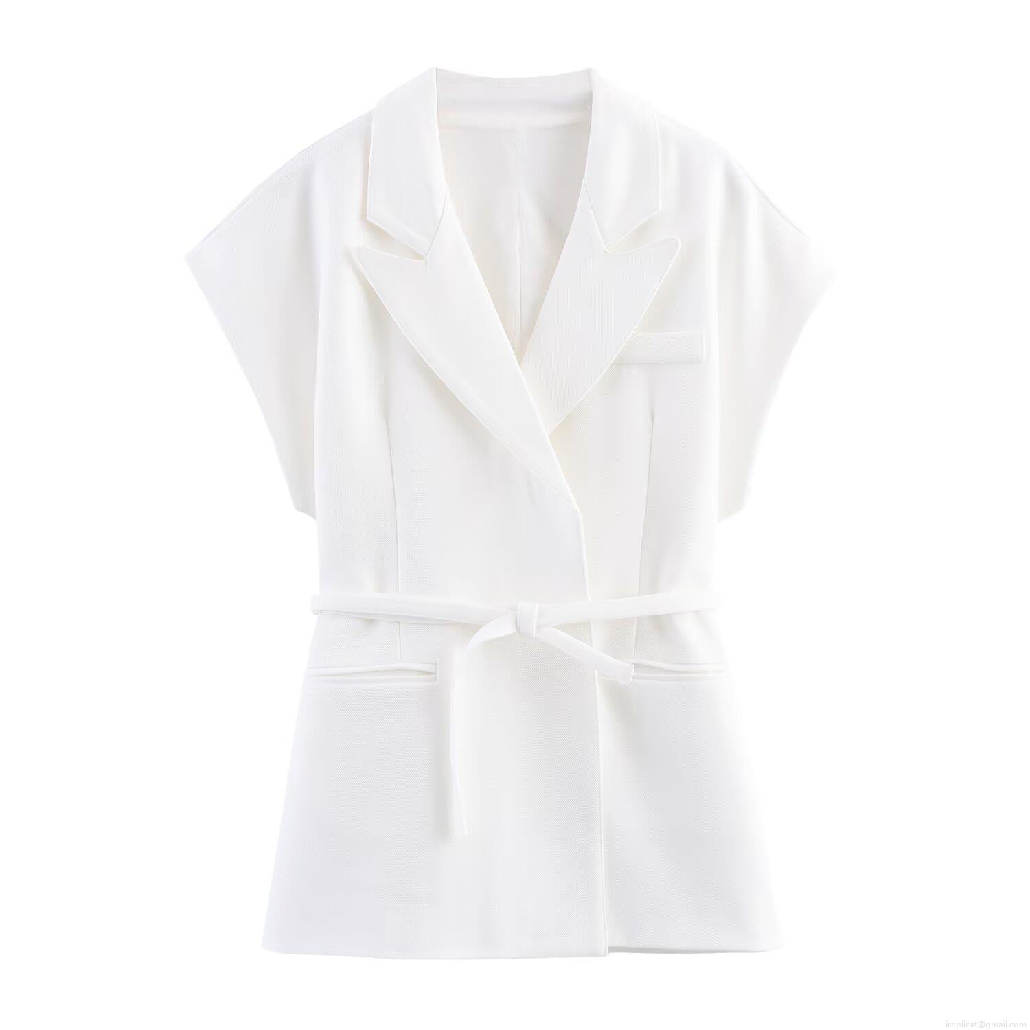 Women Western Style Sleeveless Vest With Belt And Wide Leg Pleated Pants Linen Blend Two Piece Casual Suit For Office White