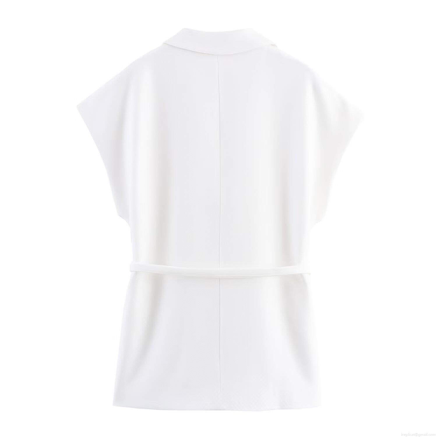 Women Western Style Sleeveless Vest With Belt And Wide Leg Pleated Pants Linen Blend Two Piece Casual Suit For Office White